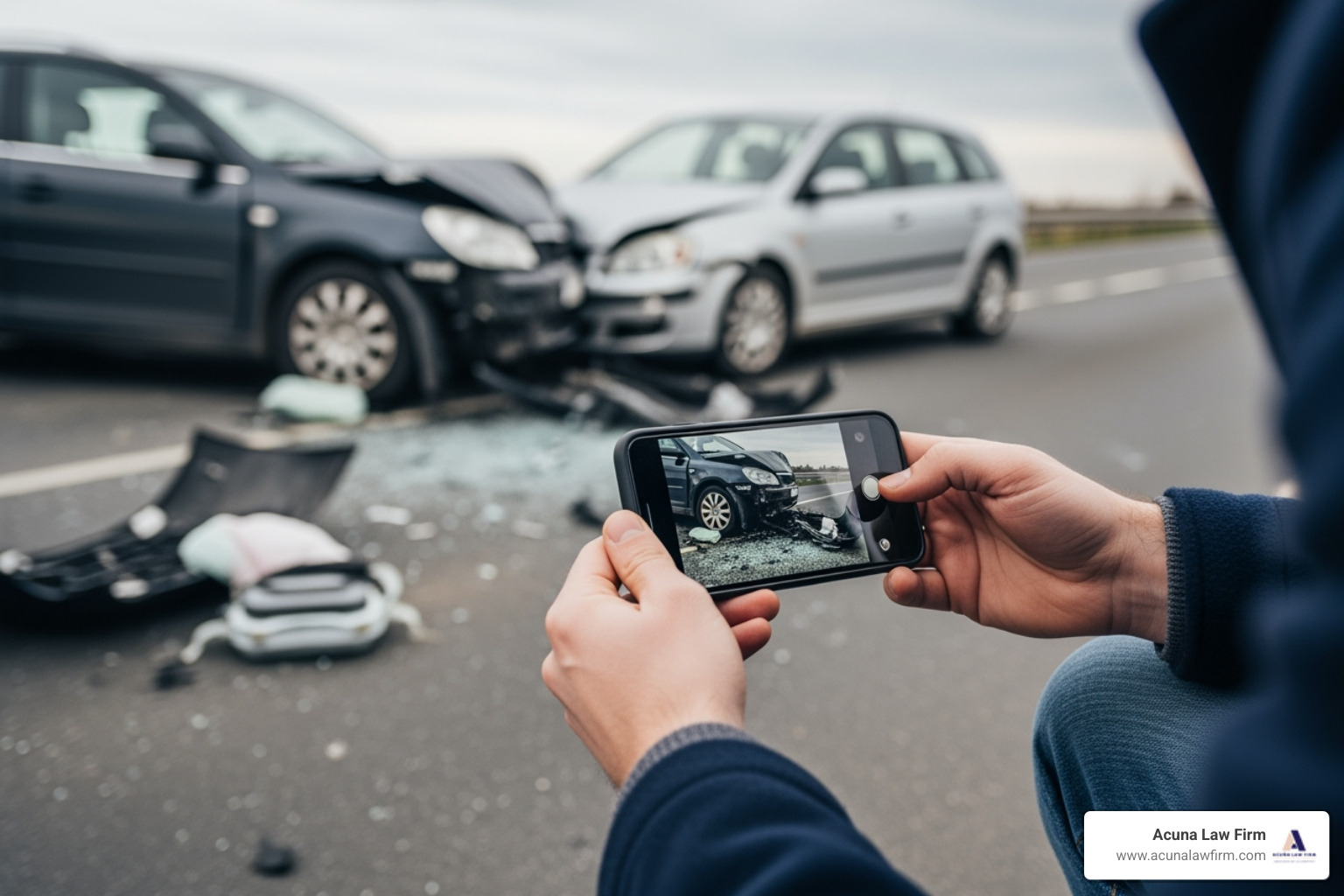 Person taking photos of a car accident with their smartphone - lawyers that sue trucking companies Person taking photos of a car accident with their smartphone - lawyers that sue trucking companies