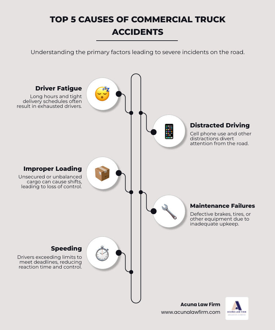 infographic showing the top 5 causes of commercial truck accidents: driver fatigue from long hours and tight schedules, distracted driving including phone use, improper cargo loading and securing, vehicle maintenance failures and equipment defects, and speeding to meet delivery deadlines - truck driver attorneys infographic infographic-line-5-steps-elegant_beige infographic showing the top 5 causes of commercial truck accidents: driver fatigue from long hours and tight schedules, distracted driving including phone use, improper cargo loading and securing, vehicle maintenance failures and equipment defects, and speeding to meet delivery deadlines - truck driver attorneys infographic infographic-line-5-steps-elegant_beige