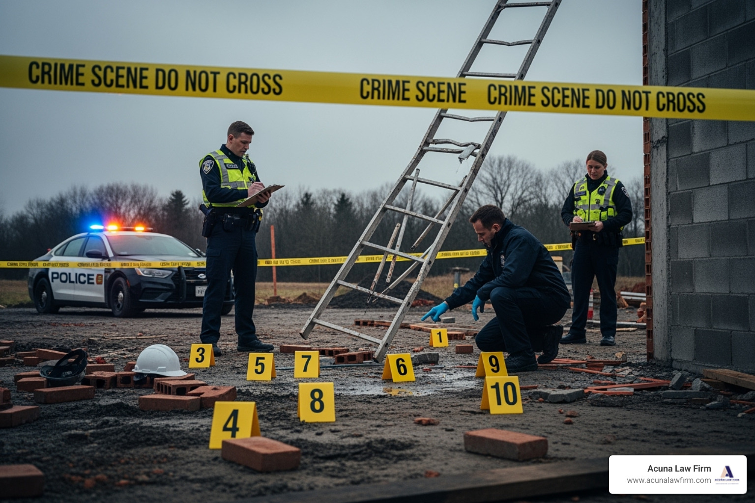 Evidence markers at an accident scene with a faulty ladder in the background. - how to file a construction accident lawsuit