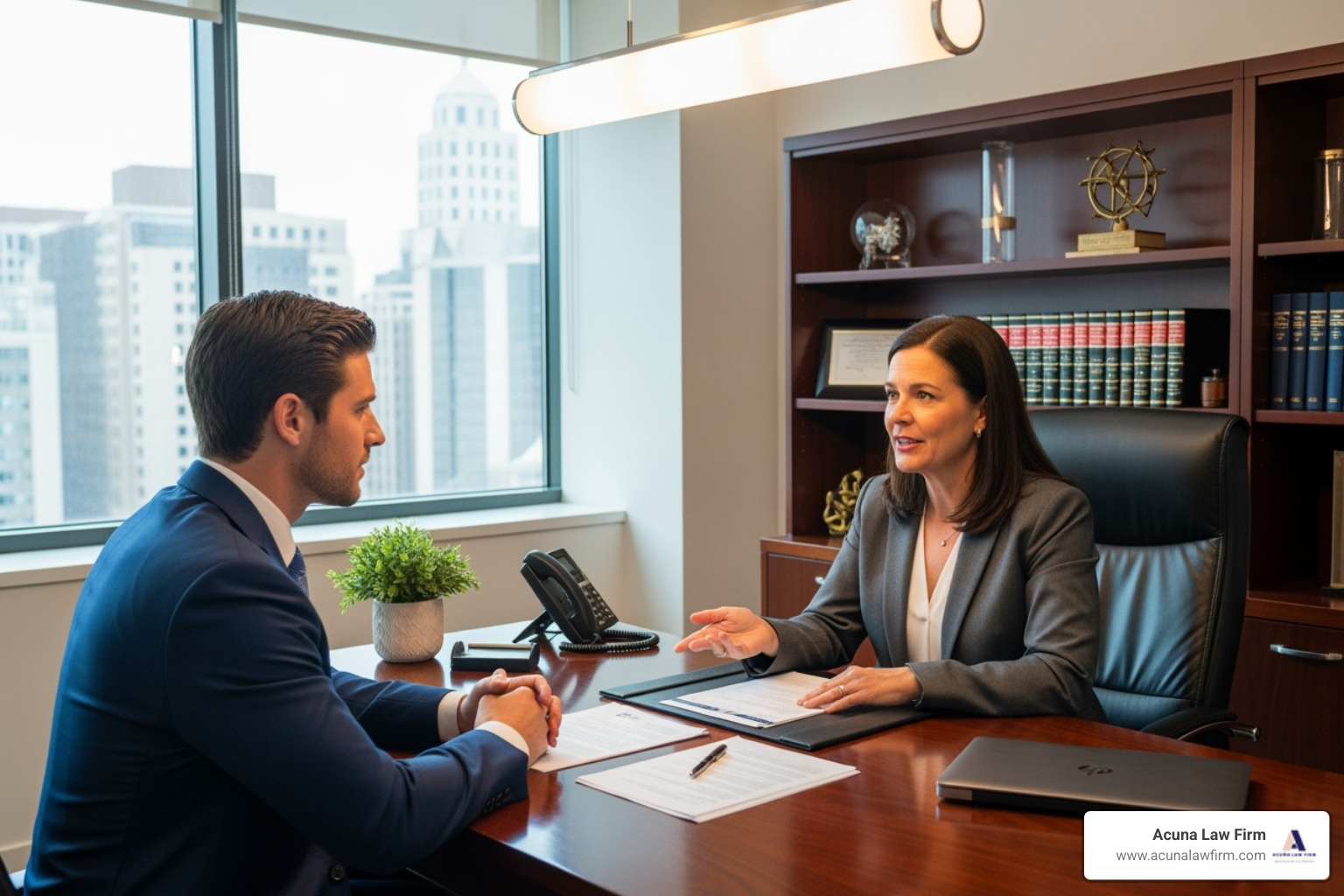 A person meeting with an attorney in an office setting. - how to file a construction accident lawsuit