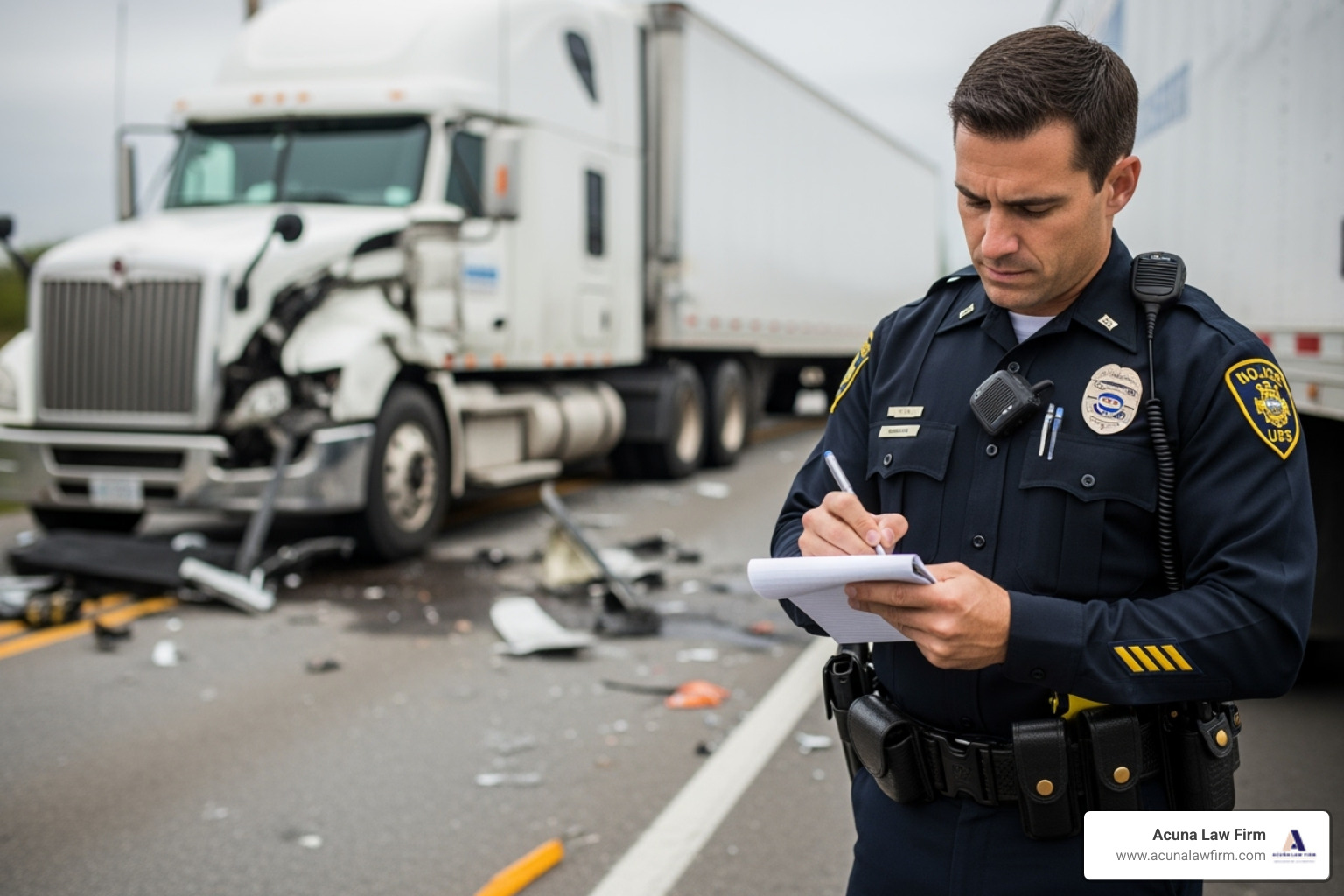 police officer taking notes at accident scene with commercial truck - truck driver lawyers near me