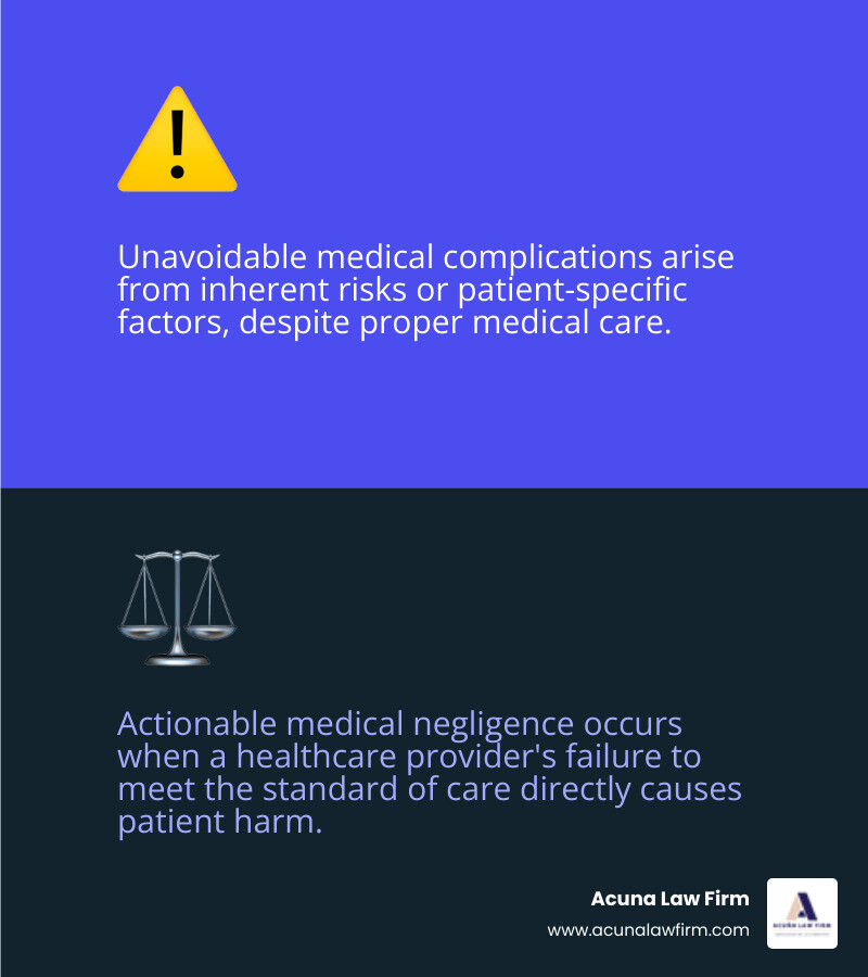 Infographic showing the difference between unavoidable medical complications (inherent risks, patient-specific factors, unpredictable outcomes despite proper care) versus actionable medical negligence (failure to diagnose, surgical errors, medication mistakes, failure to meet standard of care) - abogados de negligencia medica infographic 2_facts_emoji_blue