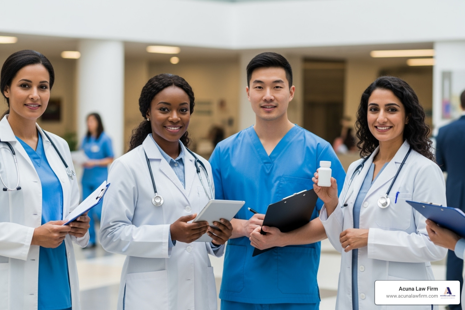of a diverse group of medical professionals (doctor, nurse, pharmacist) - abogados de negligencia medica