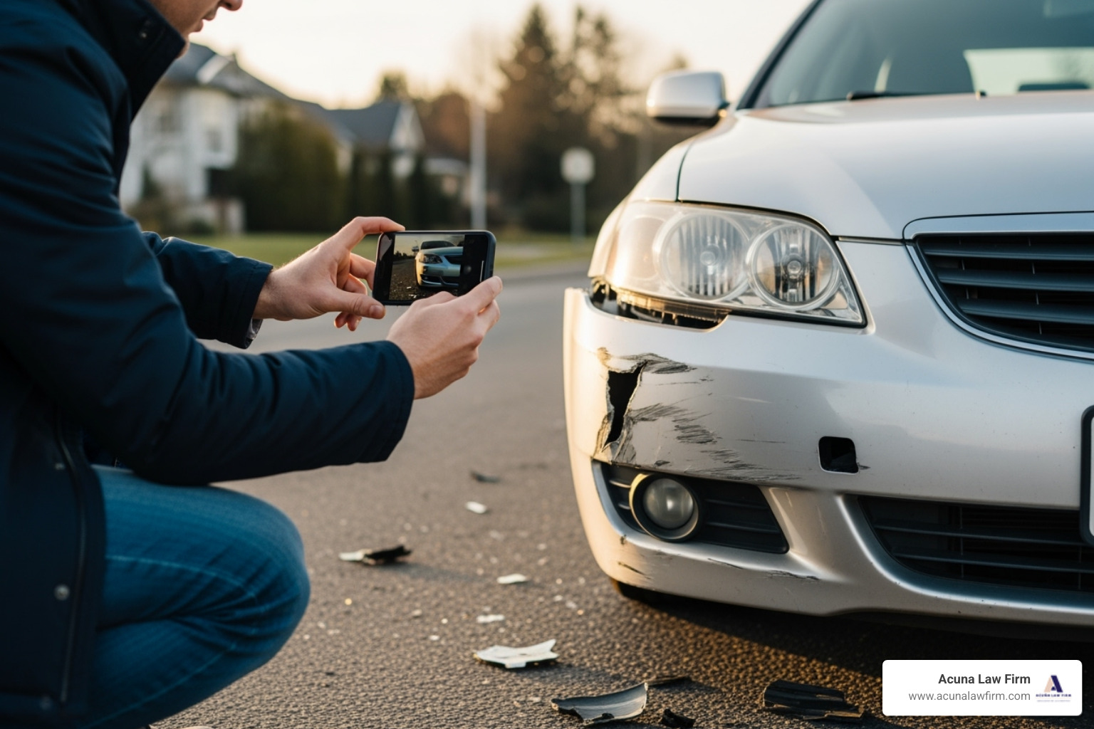 person taking photos of car damage with a smartphone after an accident - Rear end accident attorney person taking photos of car damage with a smartphone after an accident - Rear end accident attorney
