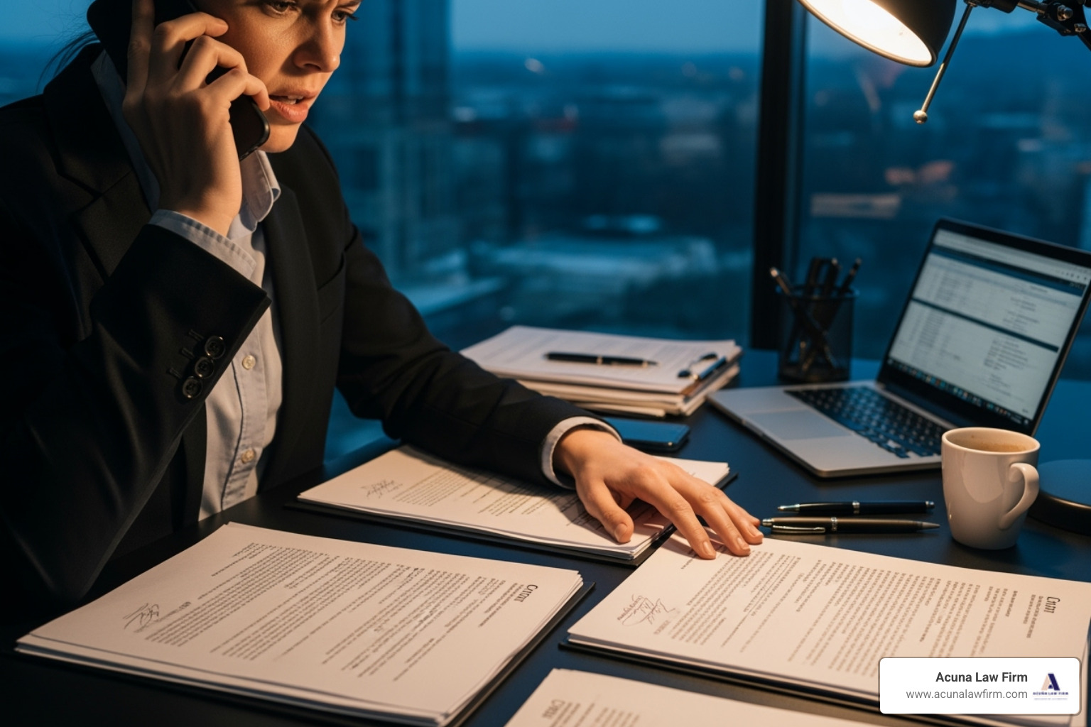 Person on the phone looking stressed while reviewing documents - Car Accident Lawyer Person on the phone looking stressed while reviewing documents - Car Accident Lawyer