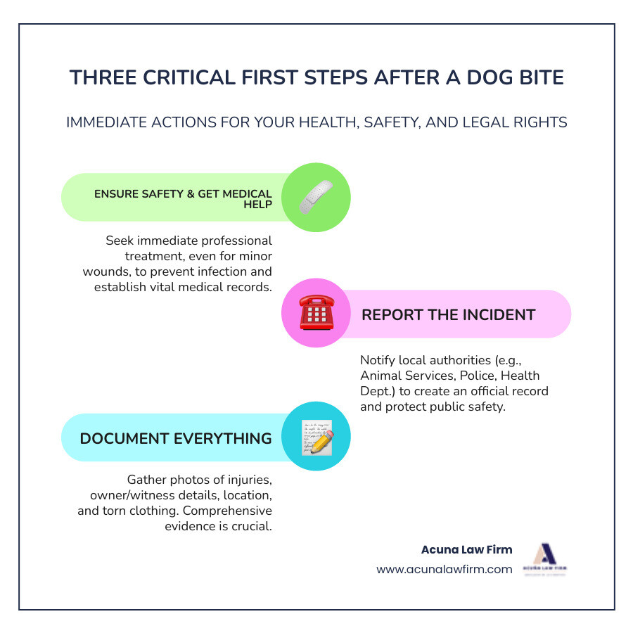 Infographic showing three critical first steps after a dog bite: Step 1 - Ensure Safety and Get Medical Help immediately, even for minor wounds, as infection risk is high and medical records are crucial evidence; Step 2 - Report the Incident to local authorities like Toronto Animal Services (call 311), police, and the Region of Peel Health Department to create an official record and protect public safety; Step 3 - Document Everything including photos of injuries and torn clothing, dog owner's name and contact information, witness details, and the exact location, date and time of the attack - dog bite victim support infographic infographic-line-3-steps-colors