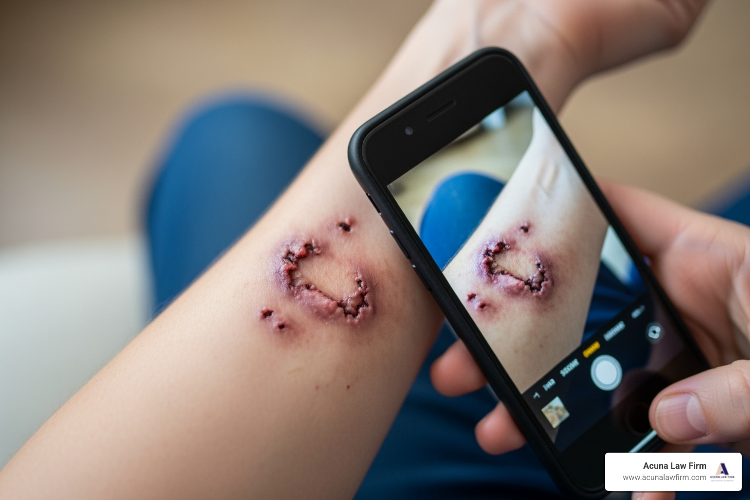 A person using a smartphone to take a photo of a dog bite injury on their arm - dog bite victim support
