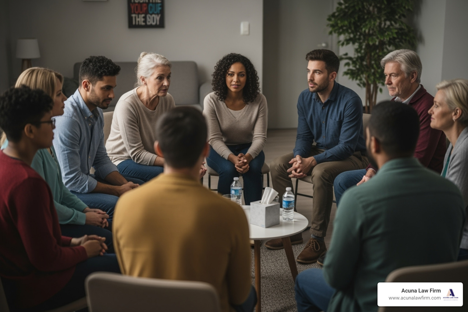 A diverse support group meeting, with people sitting in a circle and engaging in discussion - dog bite victim support