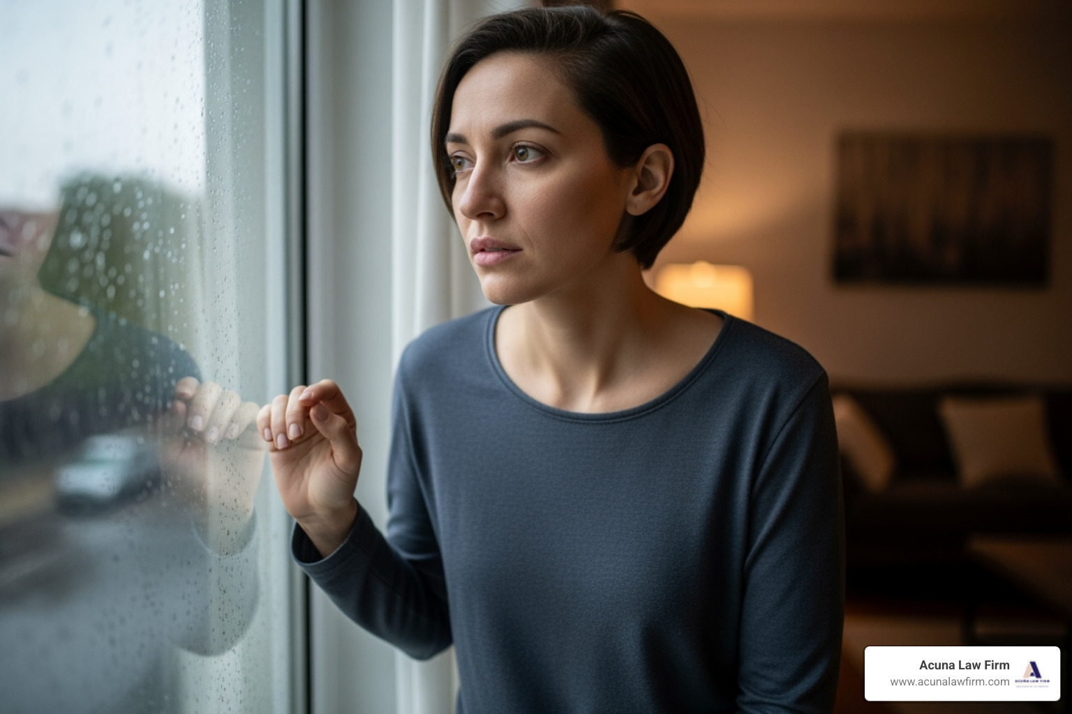 A person looking out a window, appearing anxious or contemplative, symbolizing emotional distress - dog bite victim support