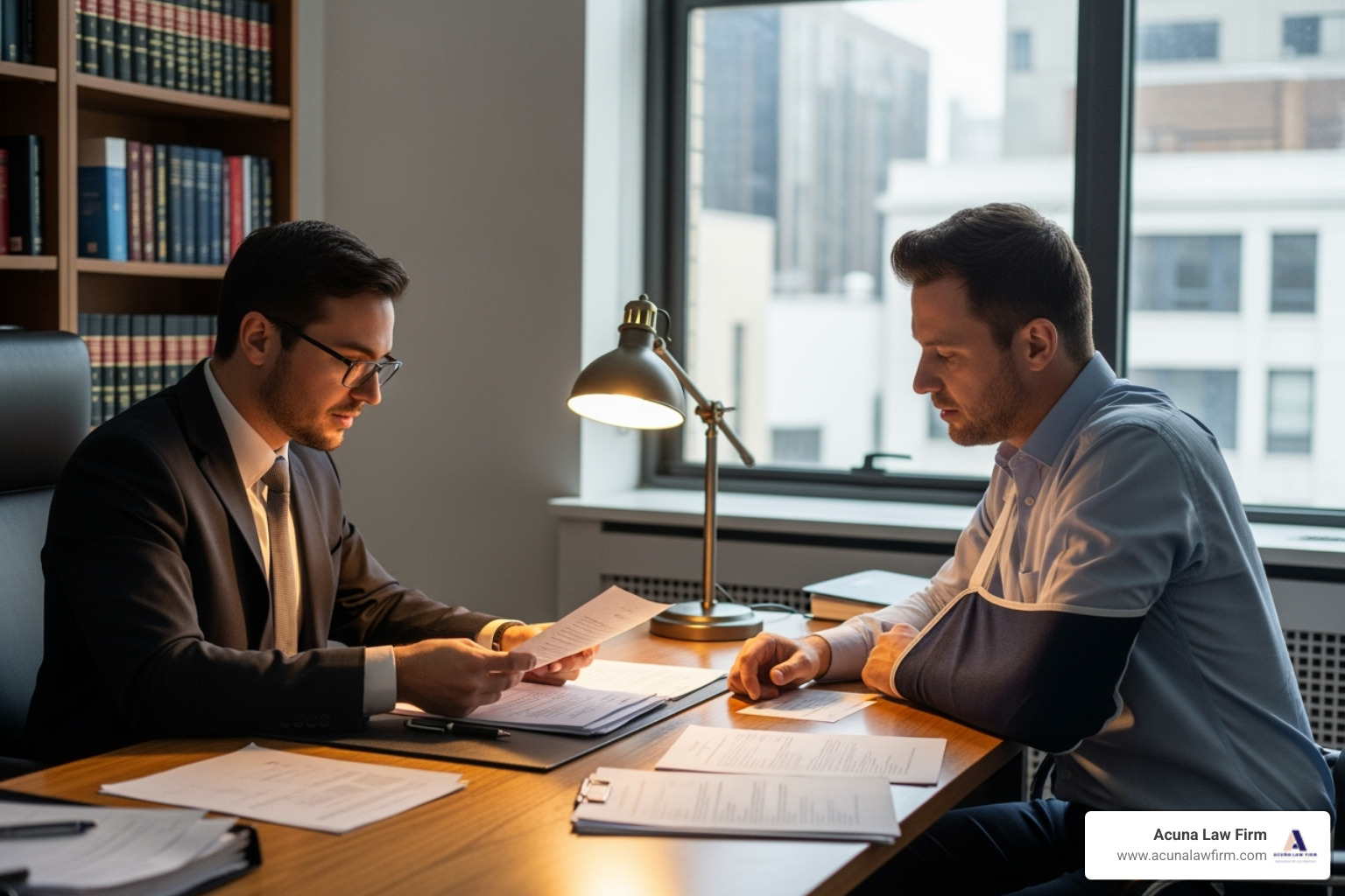 lawyer reviewing documents with an injured worker - how much is my construction accident case worth