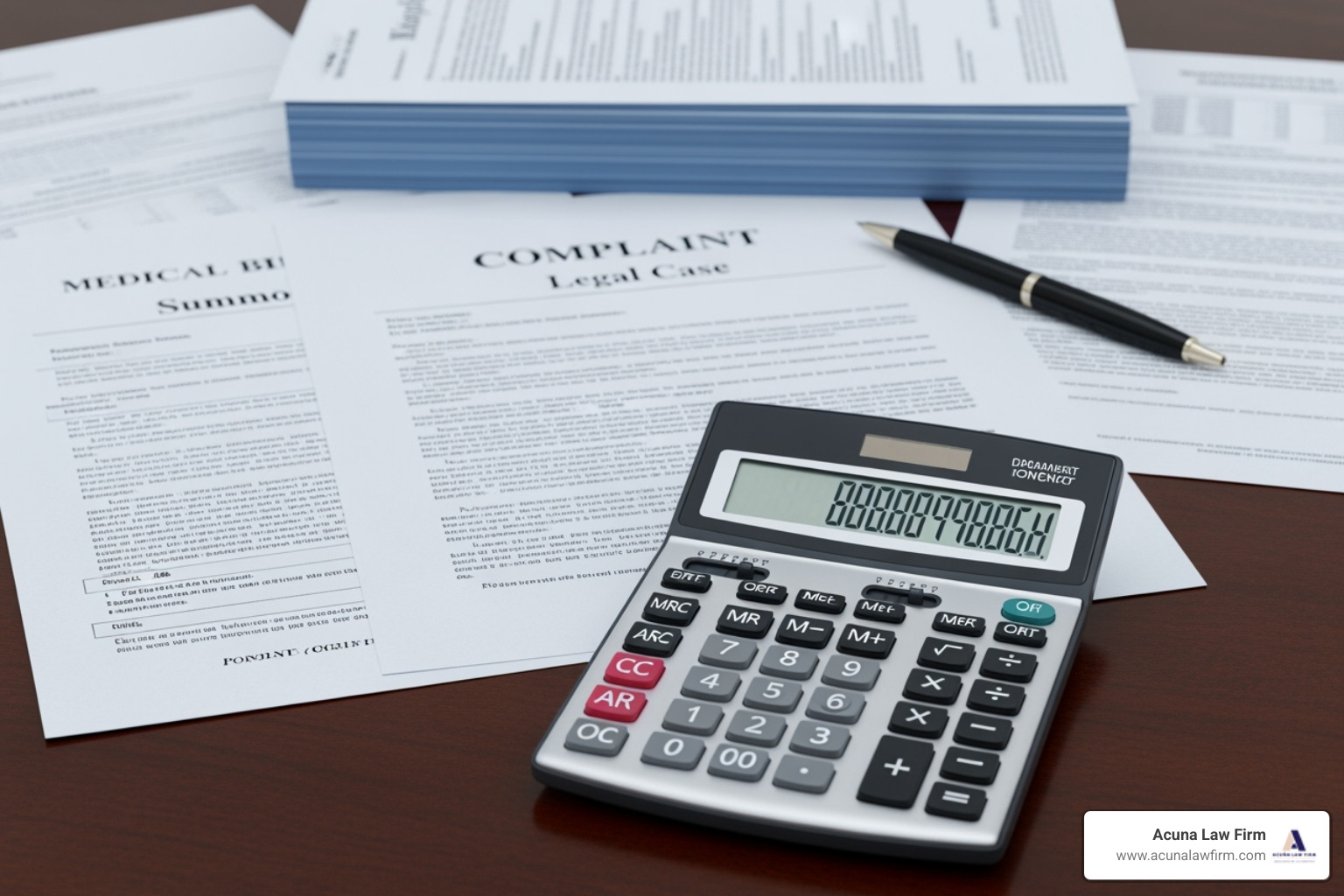 A calculator with medical bills in the background, symbolizing the financial calculation of damages in a medical negligence claim. - medical negligence claim