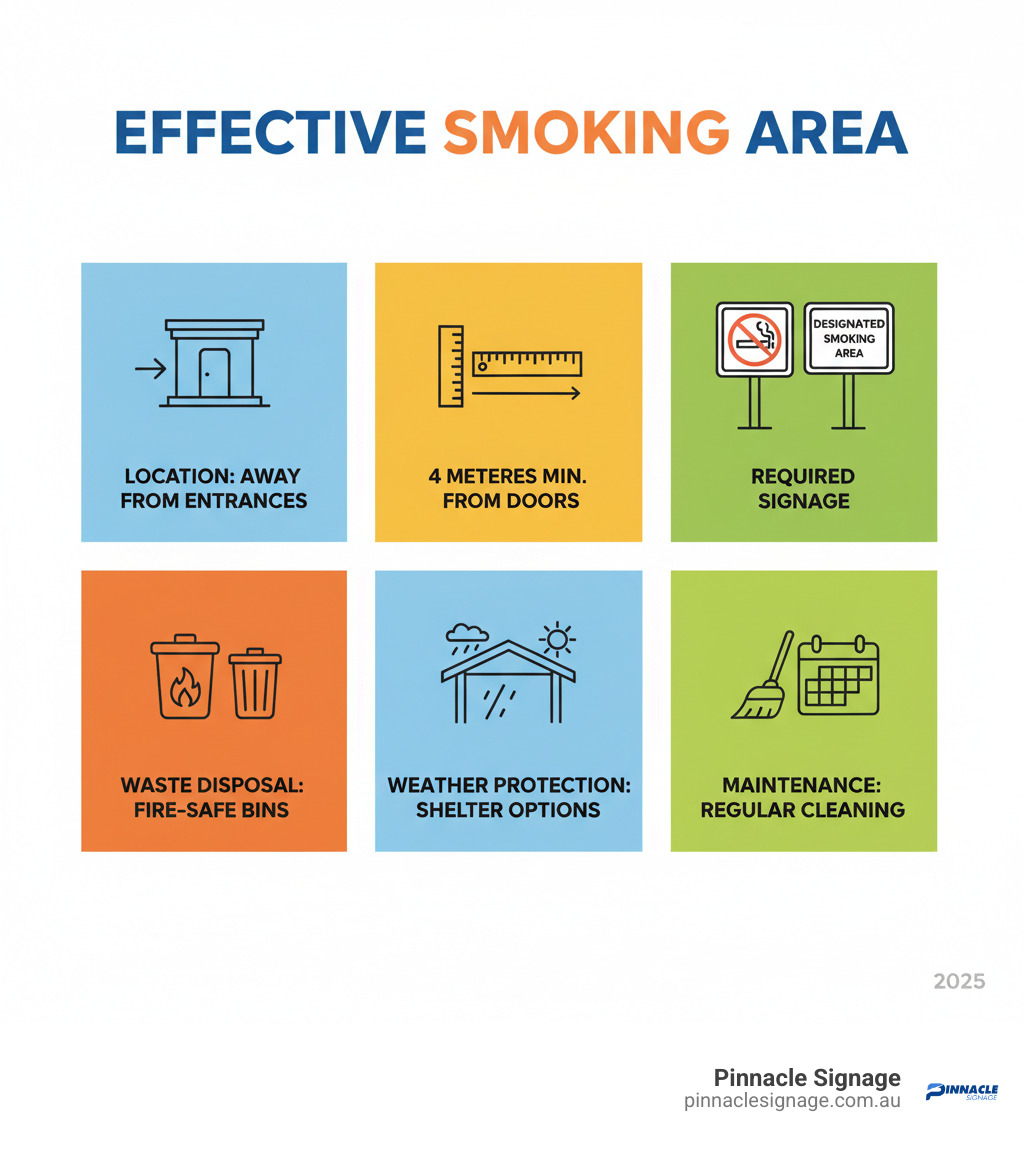 Visual checklist for setting up a compliant smoking zone, focusing on the placement of designated smoking area signage