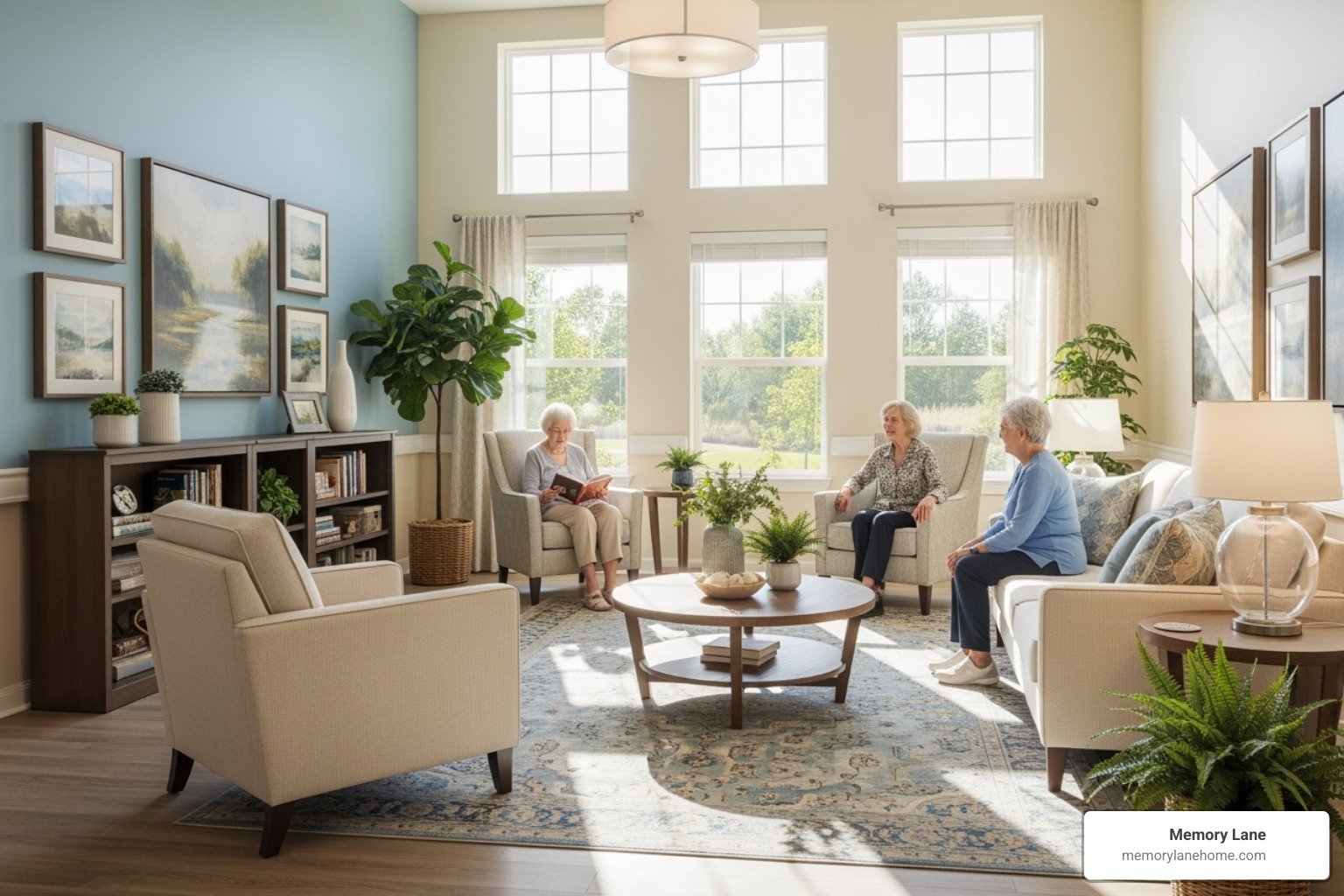 A bright, welcoming common area in a memory care facility - dementia care Ann Arbor A bright, welcoming common area in a memory care facility - dementia care Ann Arbor