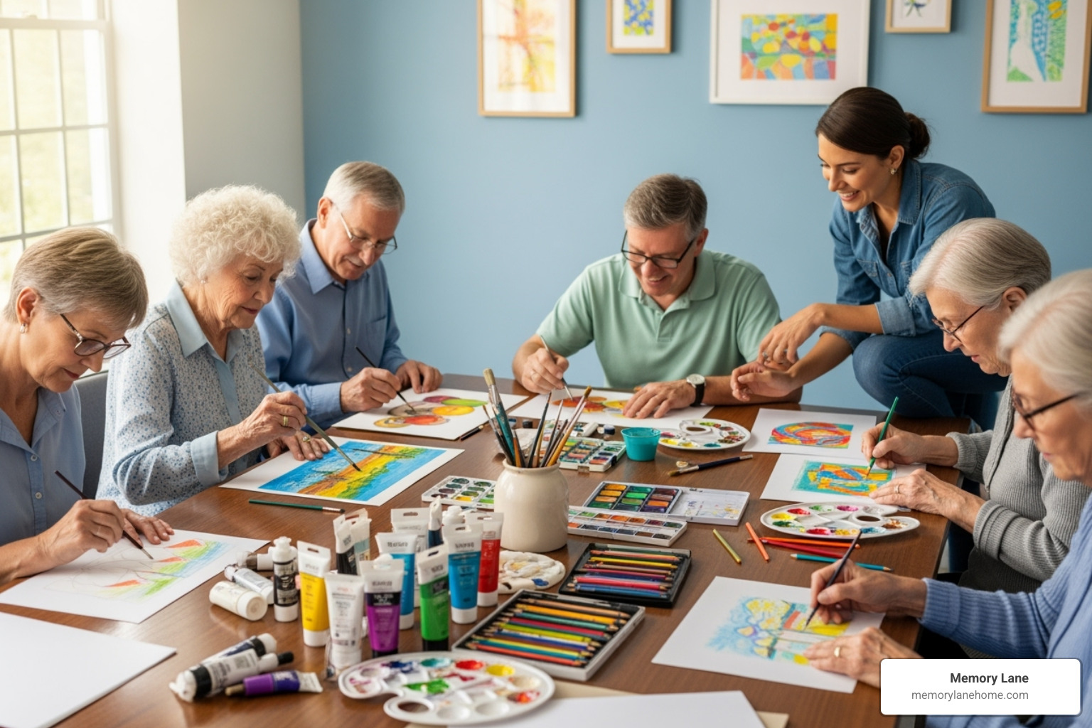 Seniors participating in a group art therapy session - dementia care Ann Arbor Seniors participating in a group art therapy session - dementia care Ann Arbor