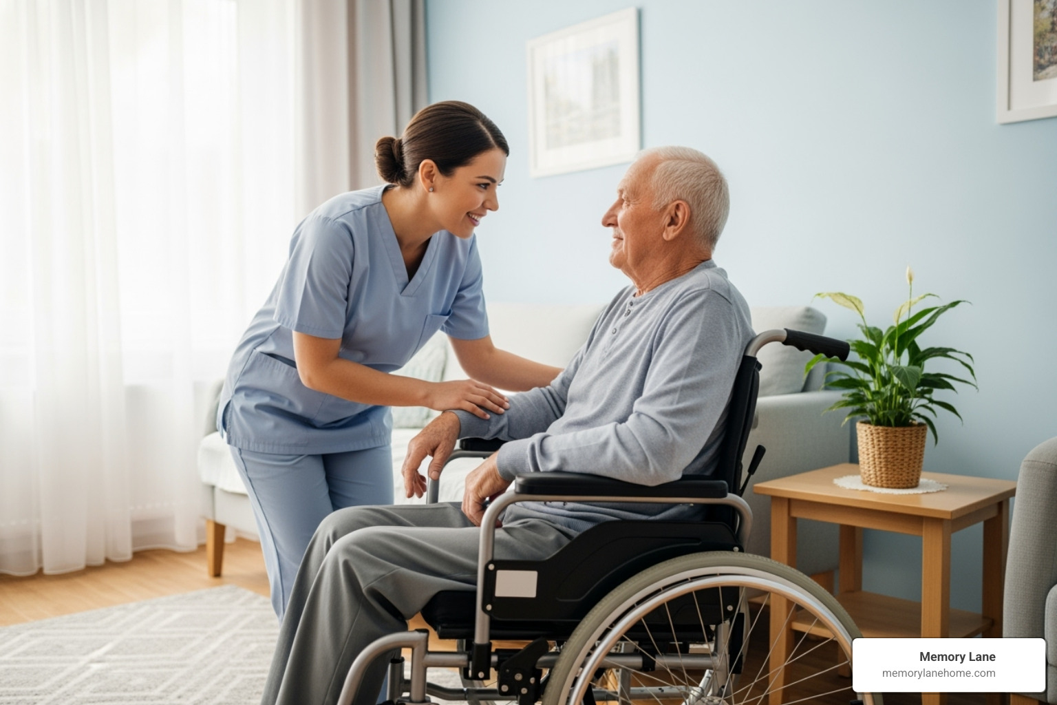 compassionate Memory Lane caregiver assisting a resident in a clean, bright room - nursing homes ann arbor