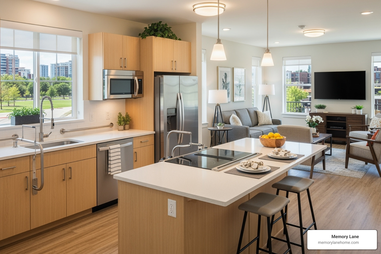 Modern senior apartment kitchen and living area - Ypsilanti senior housing