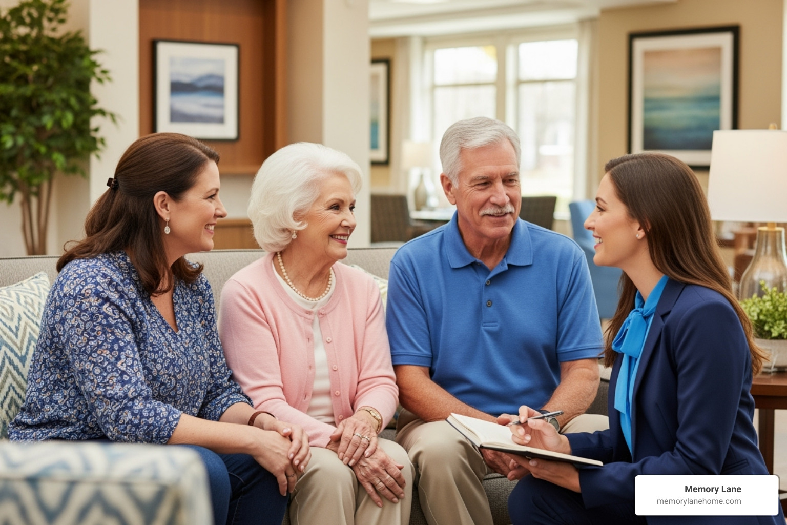 A family speaking with a caring staff member in a community - Ypsilanti senior housing