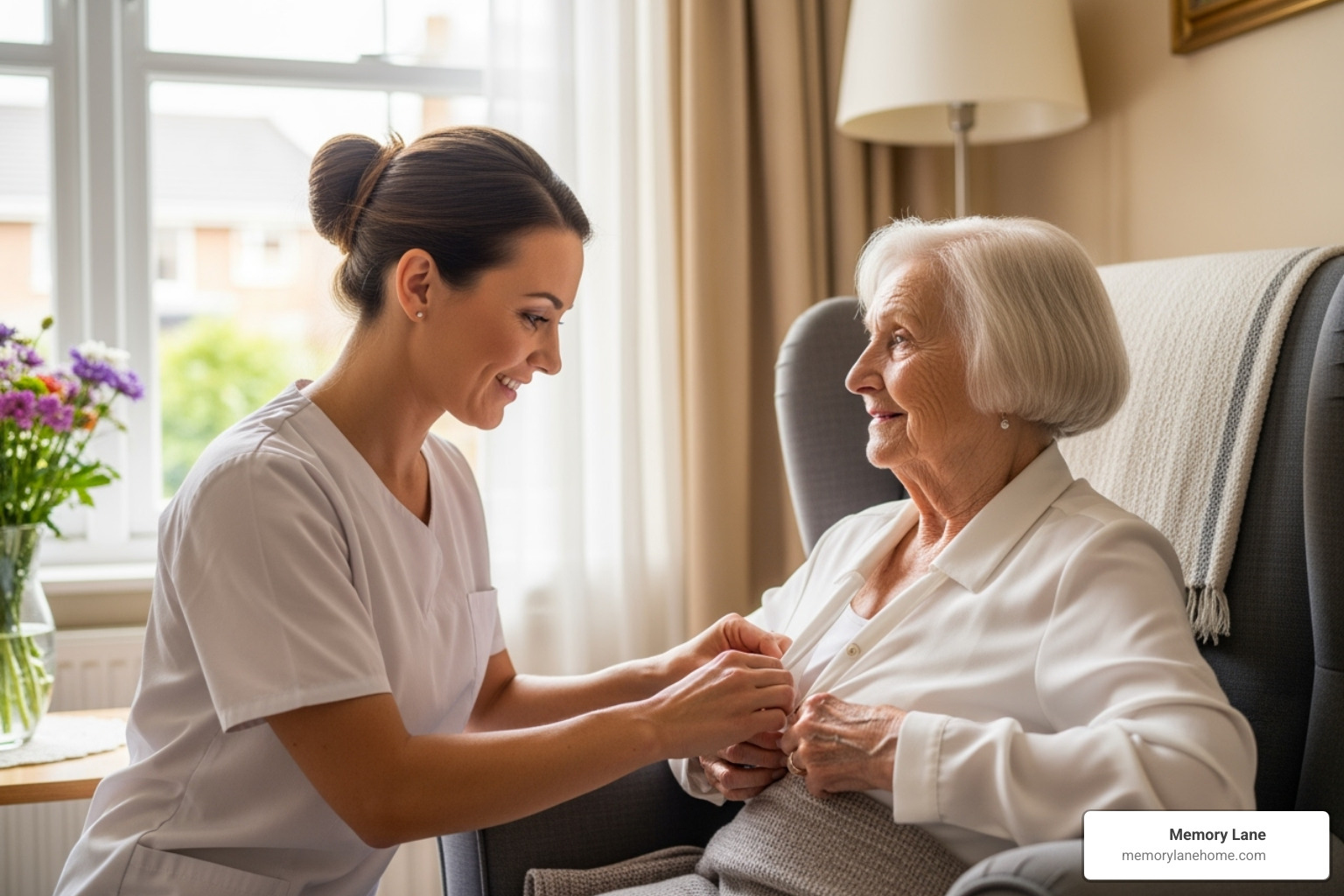 a compassionate caregiver assisting a senior with a daily task - assisted living Ypsilanti