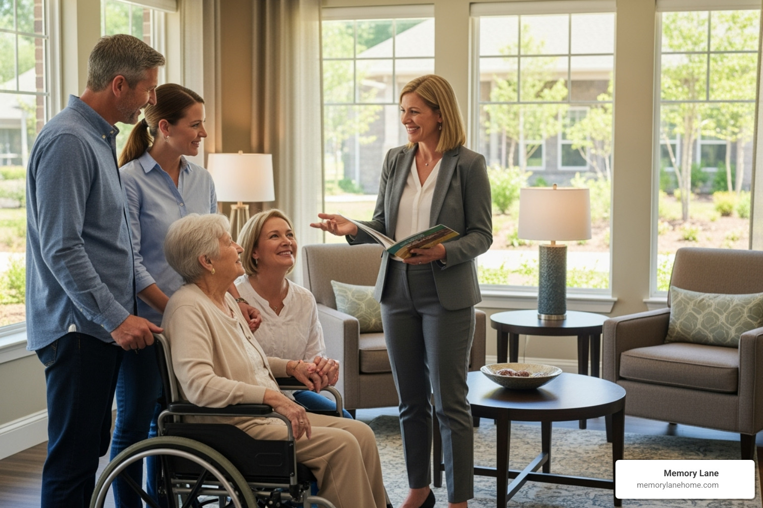 a family smiling and talking with a facility director during a tour - assisted living Ypsilanti