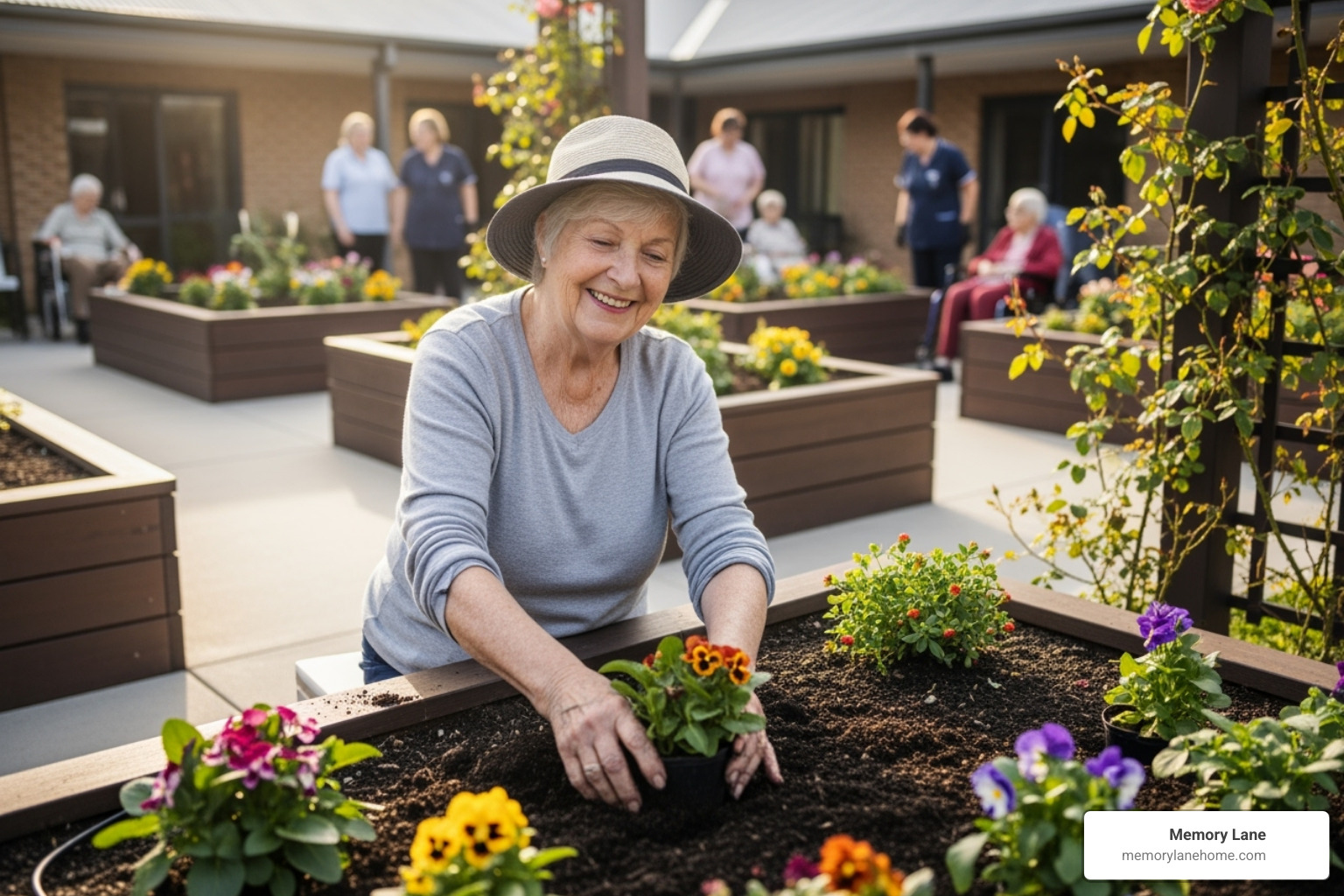 A senior resident with dementia participating in a therapeutic gardening activity in an enclosed, safe outdoor space - dementia living facilities A senior resident with dementia participating in a therapeutic gardening activity in an enclosed, safe outdoor space - dementia living facilities