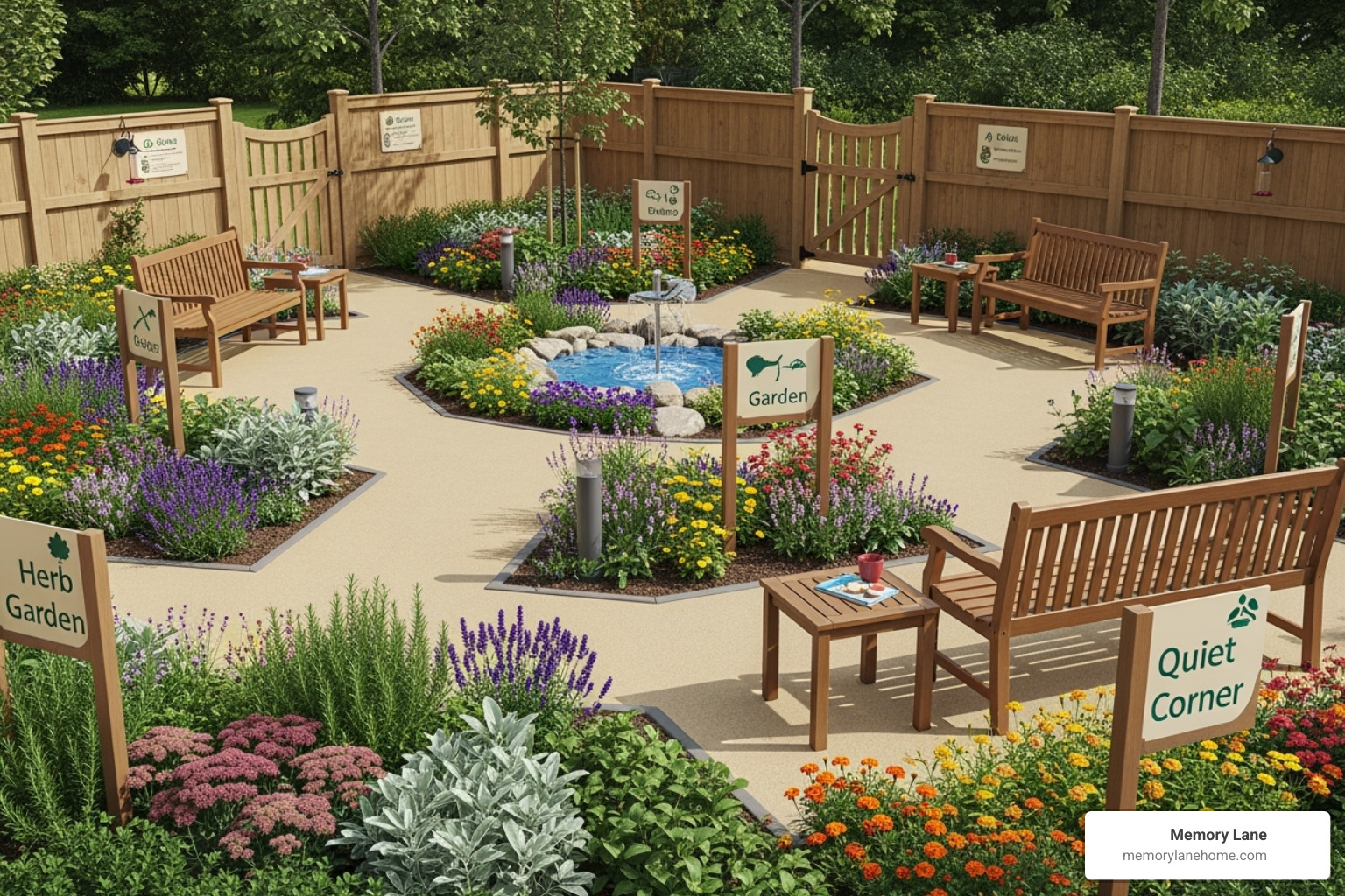 A safe, enclosed outdoor garden with walking paths and seating, designed for residents with dementia - dementia living facilities A safe, enclosed outdoor garden with walking paths and seating, designed for residents with dementia - dementia living facilities