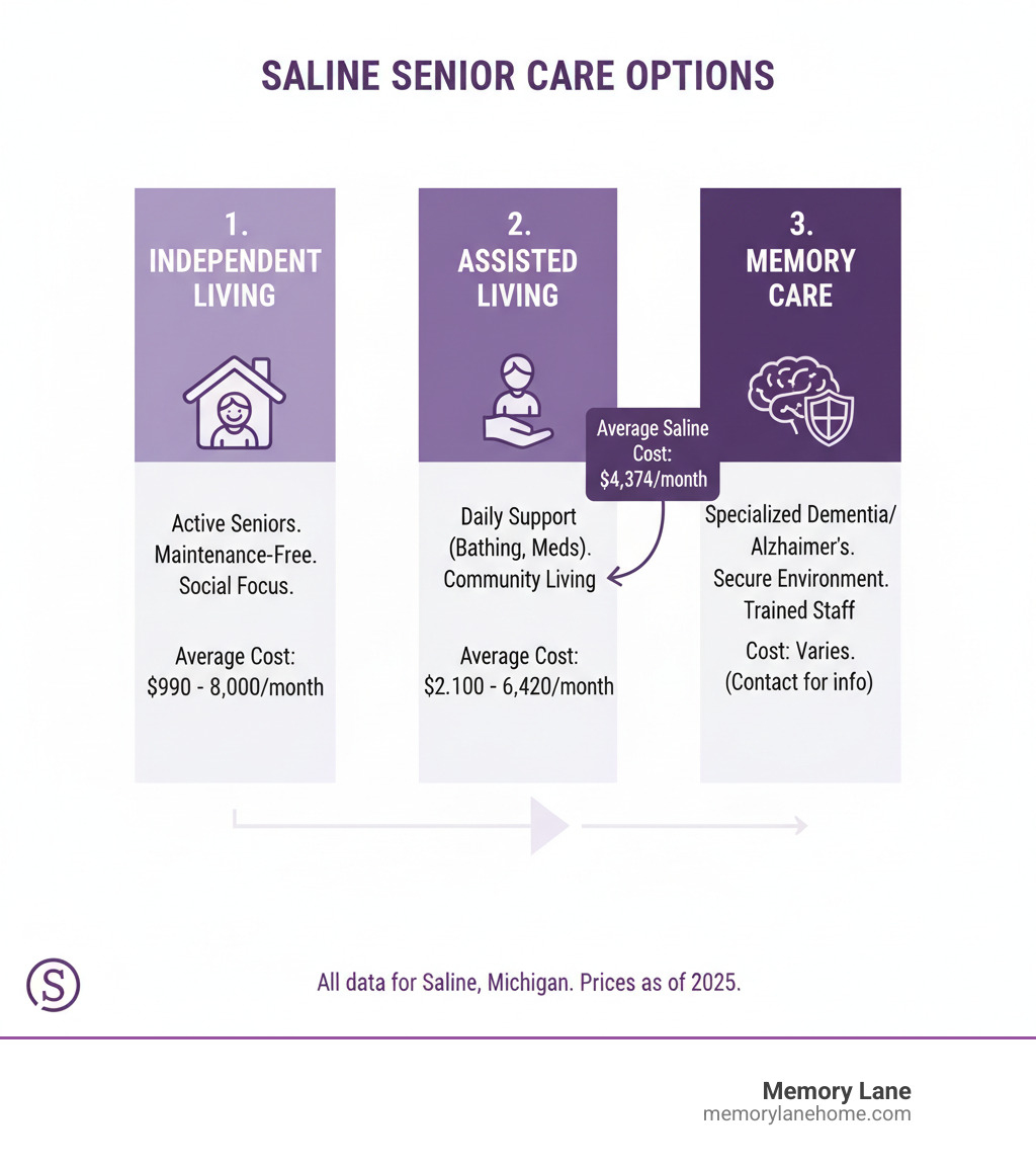 infographic showing the progression of senior care options from independent living through assisted living to specialized memory care, with key features and average costs for Saline Michigan - Saline senior living infographic infographic showing the progression of senior care options from independent living through assisted living to specialized memory care, with key features and average costs for Saline Michigan - Saline senior living infographic