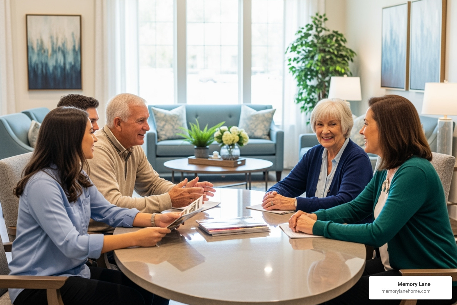 family talking with a senior living community director - Saline senior living family talking with a senior living community director - Saline senior living