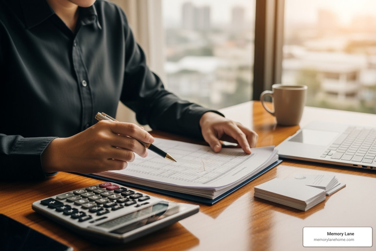 Someone reviewing financial documents and a calculator - Alzheimer's long term care