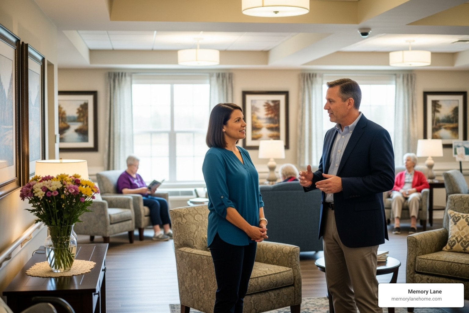 A family member speaking with a facility director during a tour, observing the environment - Alzheimer's long term care