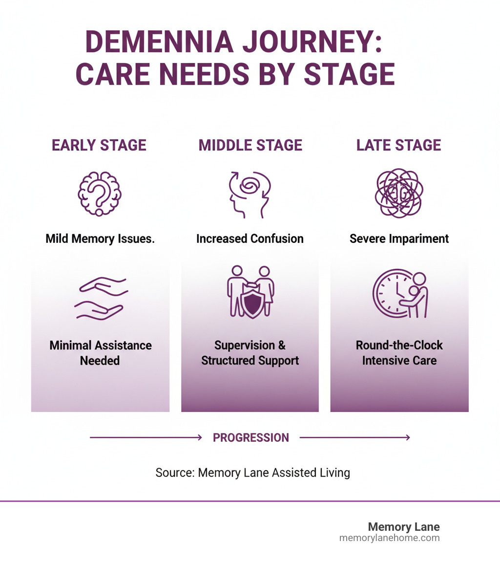 Infographic showing three stages of dementia (early, middle, and late) with corresponding care needs: Early stage shows mild memory issues with minimal assistance needed; Middle stage shows increased confusion requiring supervision and structured support; Late stage shows severe impairment needing round-the-clock intensive care - dementia care options infographic 