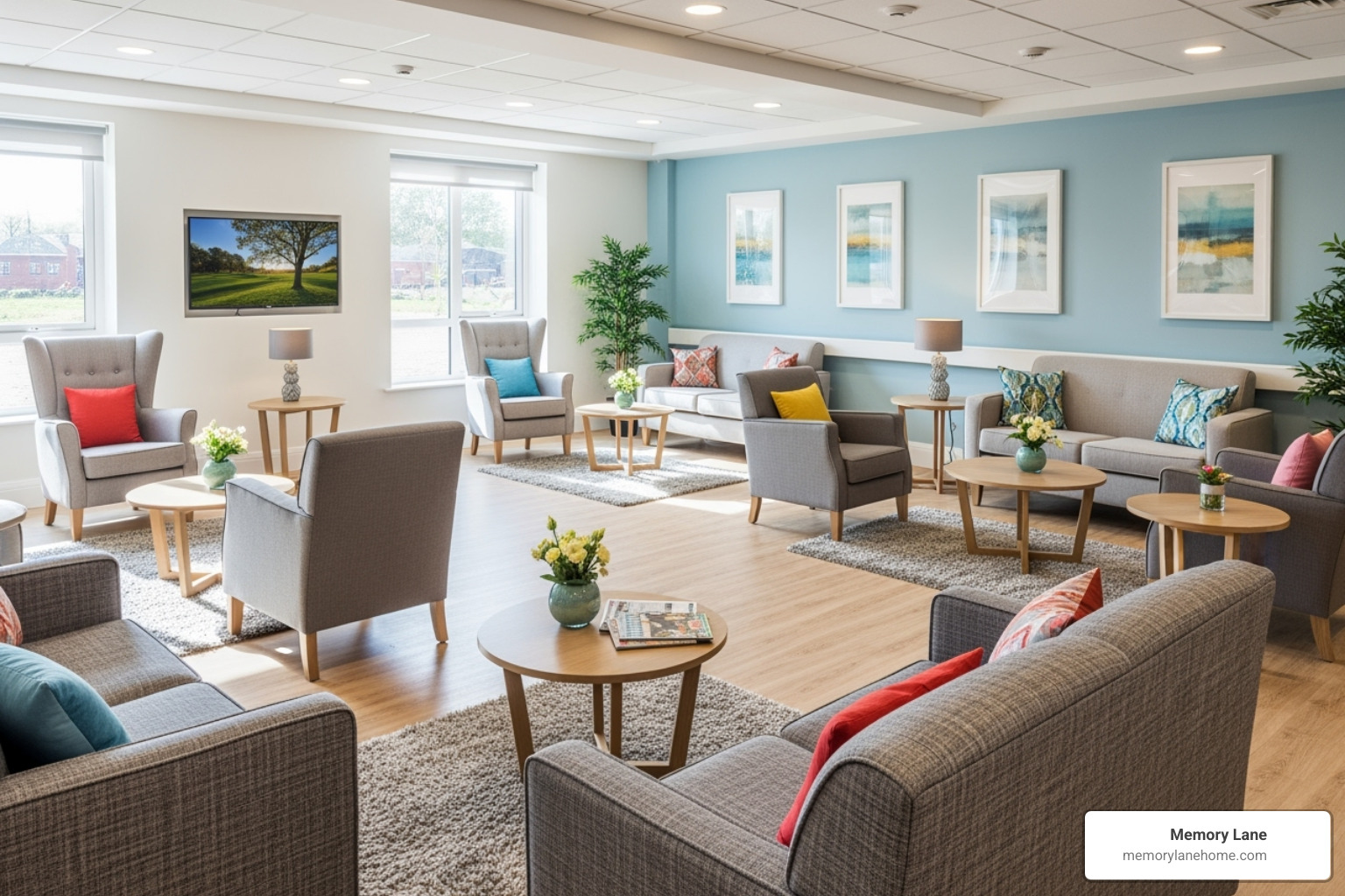 A bright and clean common area in a care facility with comfortable seating and natural light - Alzheimer's long term care