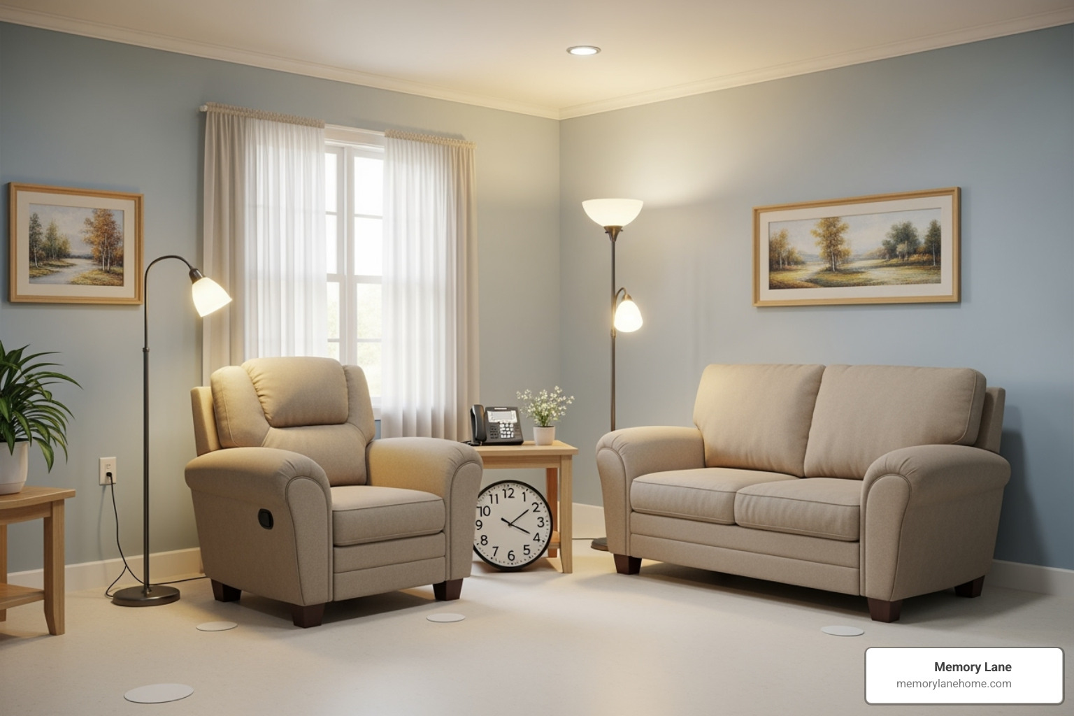 A brightly lit, uncluttered living room designed for safety and comfort for someone with dementia. - support for dementia caregivers A brightly lit, uncluttered living room designed for safety and comfort for someone with dementia. - support for dementia caregivers
