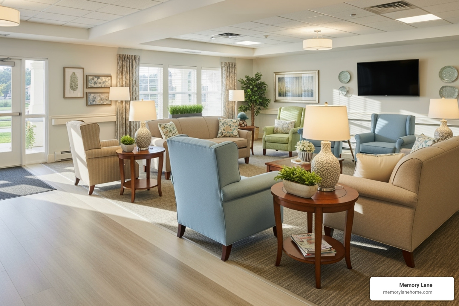 clean, safe, and welcoming residential care common area - dementia care options