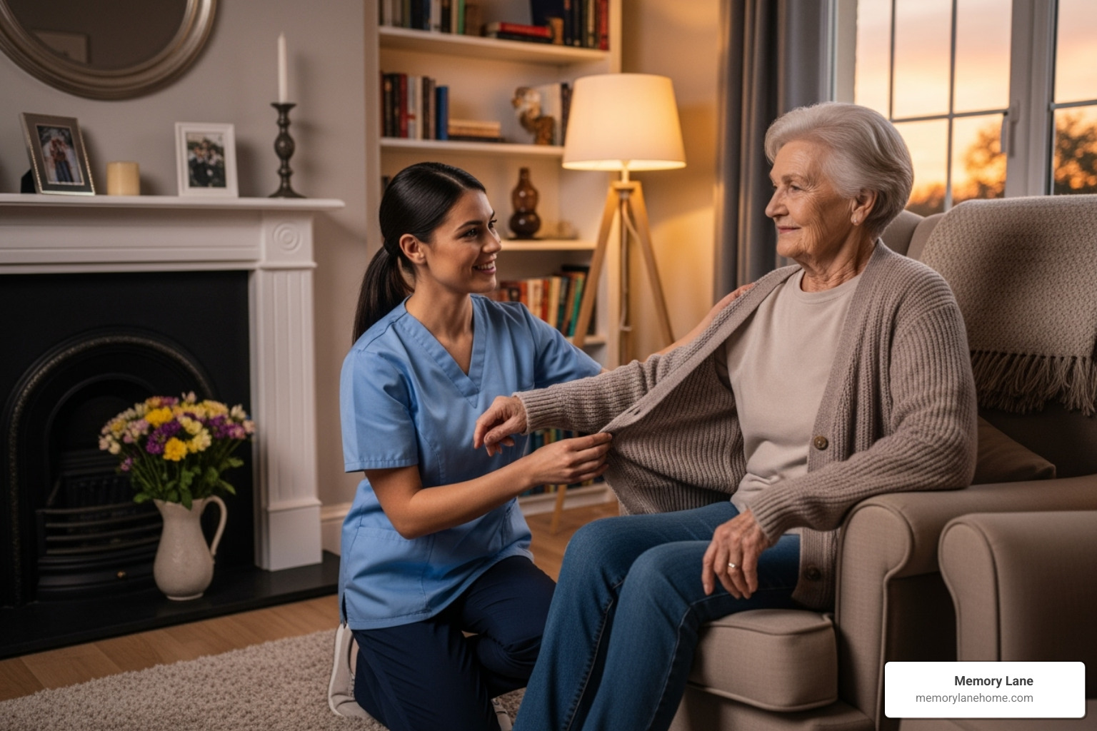 Caregiver assisting a senior in a comfortable home environment - Detroit senior care