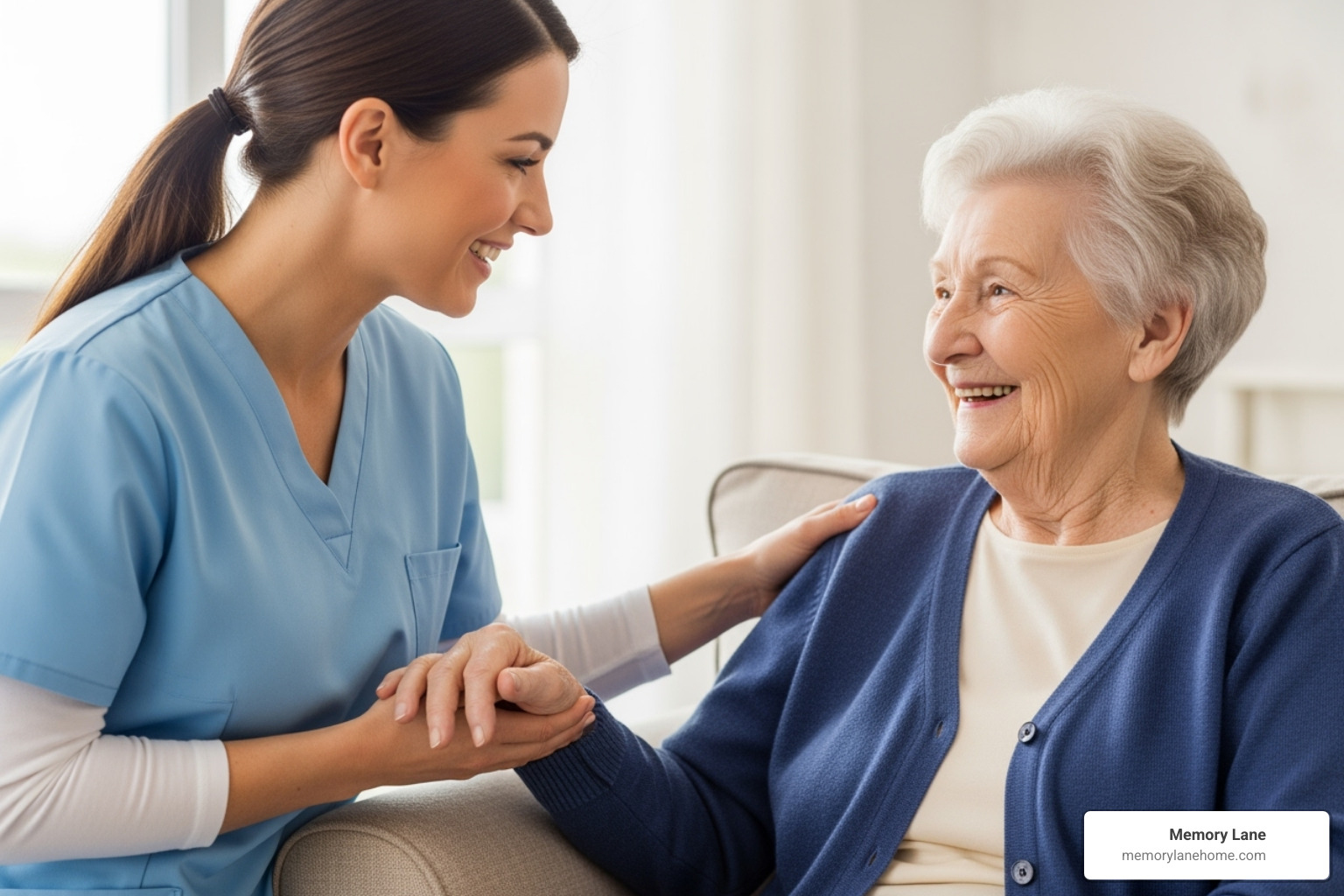 a caregiver and resident sharing a warm, smiling moment - compassionate dementia care