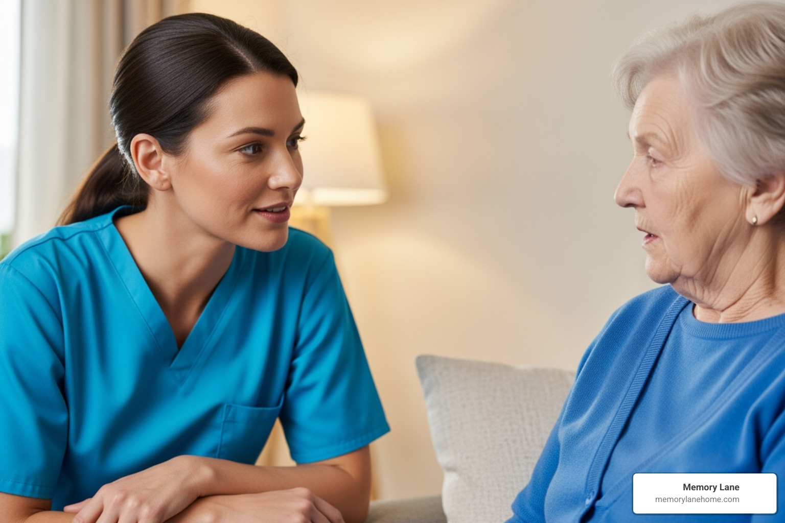 a caregiver listening intently to a resident in a quiet, comfortable setting - compassionate dementia care