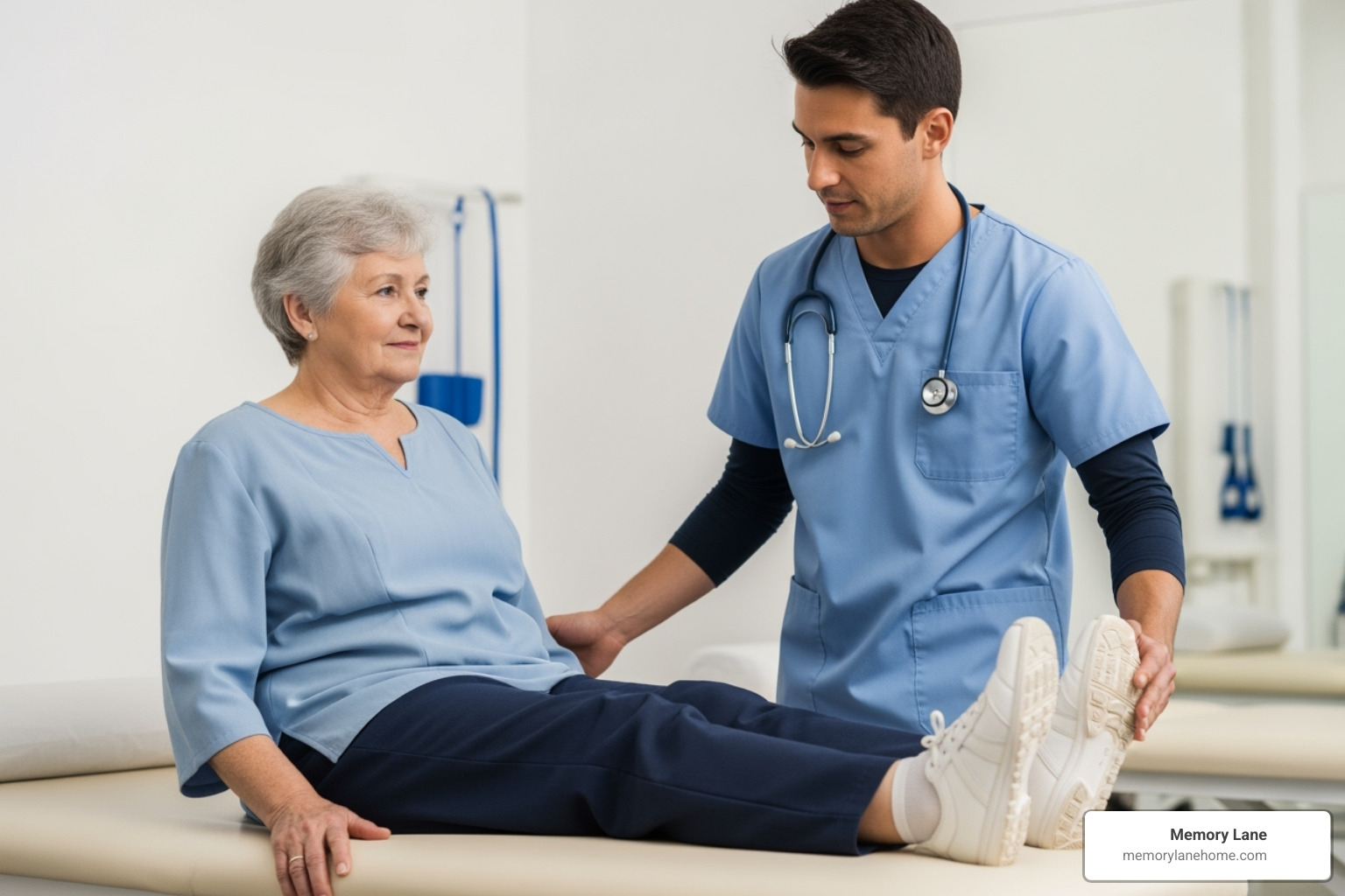 A physical therapist helps a senior patient with dementia exercise their legs, improving mobility and muscle strength. - does medicare cover nursing home care for dementia patients