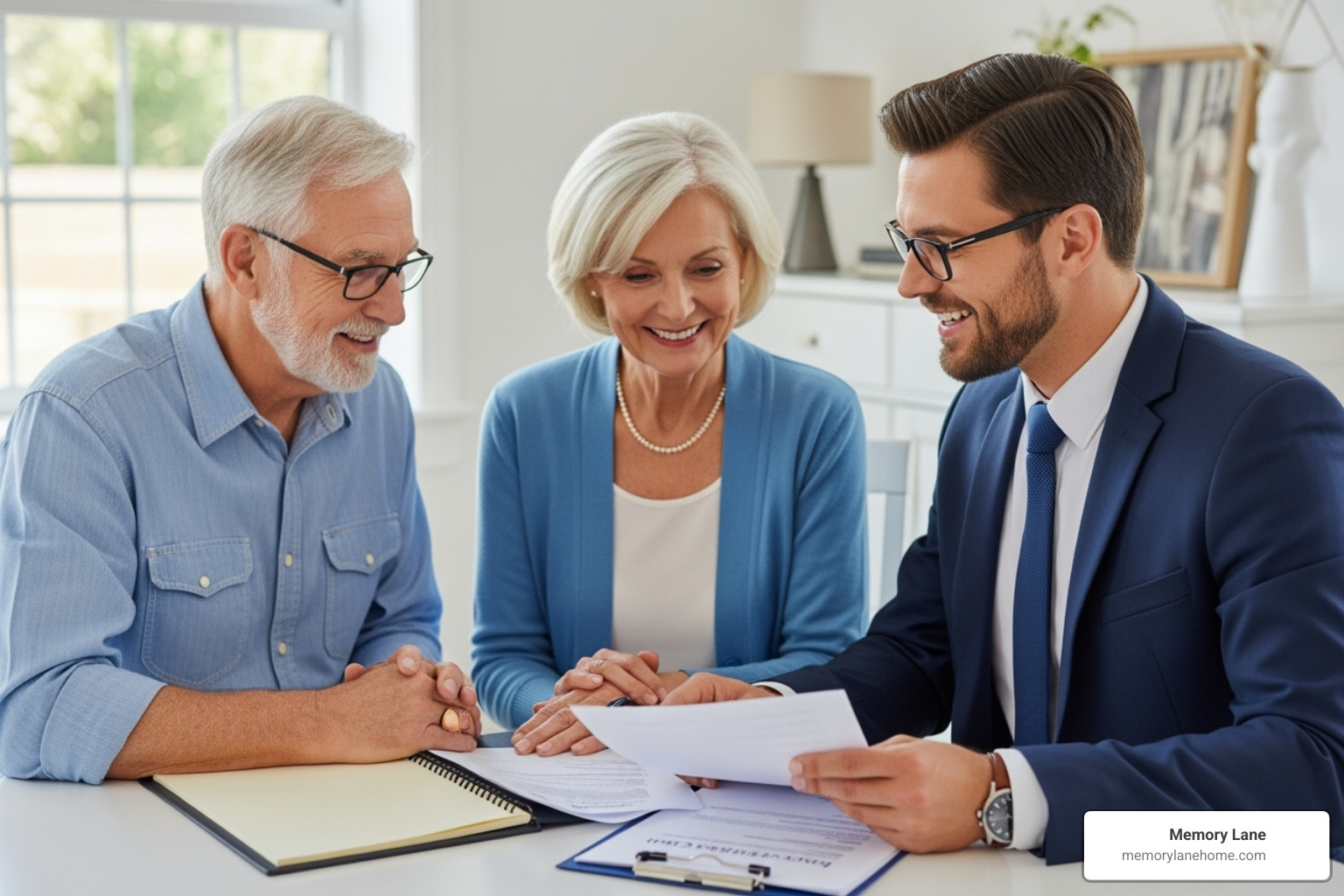 A compassionate financial advisor reviews documents with a senior couple, discussing options for long-term care planning. - does medicare cover nursing home care for dementia patients