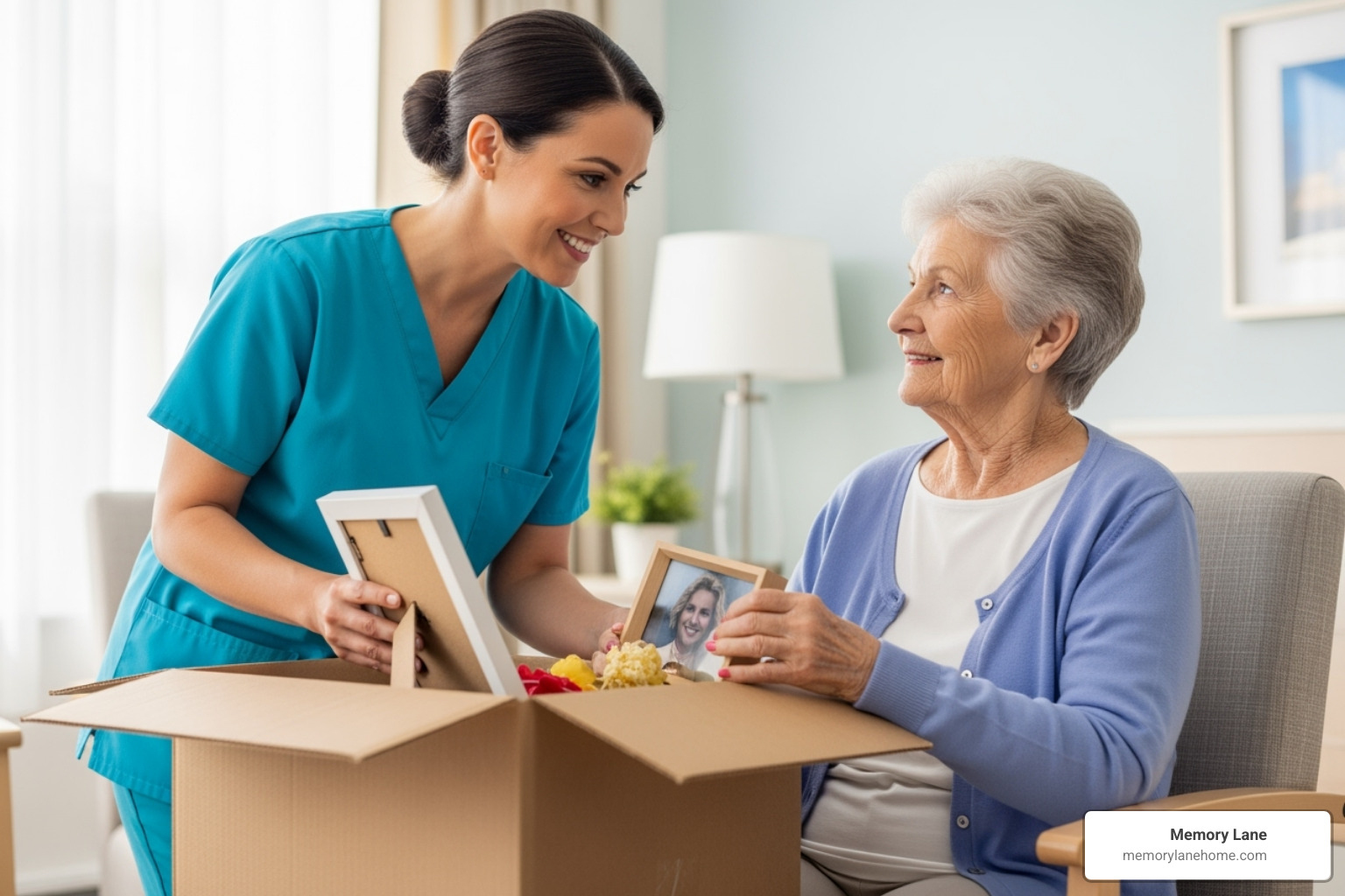 compassionate caregiver helping a senior unpack personal items in a new room - long-term dementia care