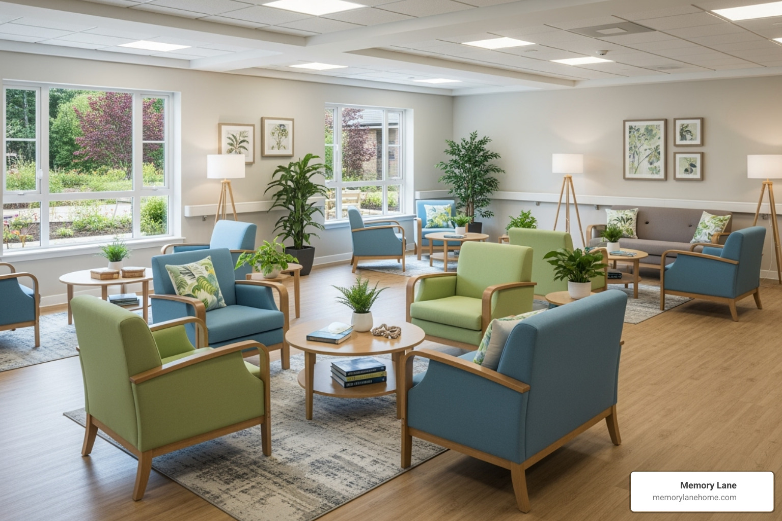 clean, modern, and secure memory care facility common area - long-term dementia care