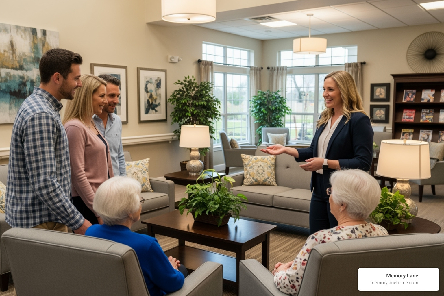 family talking with a community director during a tour - long-term dementia care