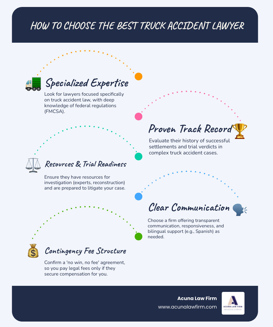 infographic showing the key criteria for choosing a truck accident lawyer: specialized experience in truck cases, knowledge of FMCSA regulations, proven track record with verdicts and settlements, access to expert investigators and accident reconstructionists, willingness to go to trial, clear communication and bilingual support, and contingency fee structure with no upfront costs - how to choose the best truck accident lawyer infographic infographic-line-5-steps-blues-accent_colors infographic showing the key criteria for choosing a truck accident lawyer: specialized experience in truck cases, knowledge of FMCSA regulations, proven track record with verdicts and settlements, access to expert investigators and accident reconstructionists, willingness to go to trial, clear communication and bilingual support, and contingency fee structure with no upfront costs - how to choose the best truck accident lawyer infographic infographic-line-5-steps-blues-accent_colors