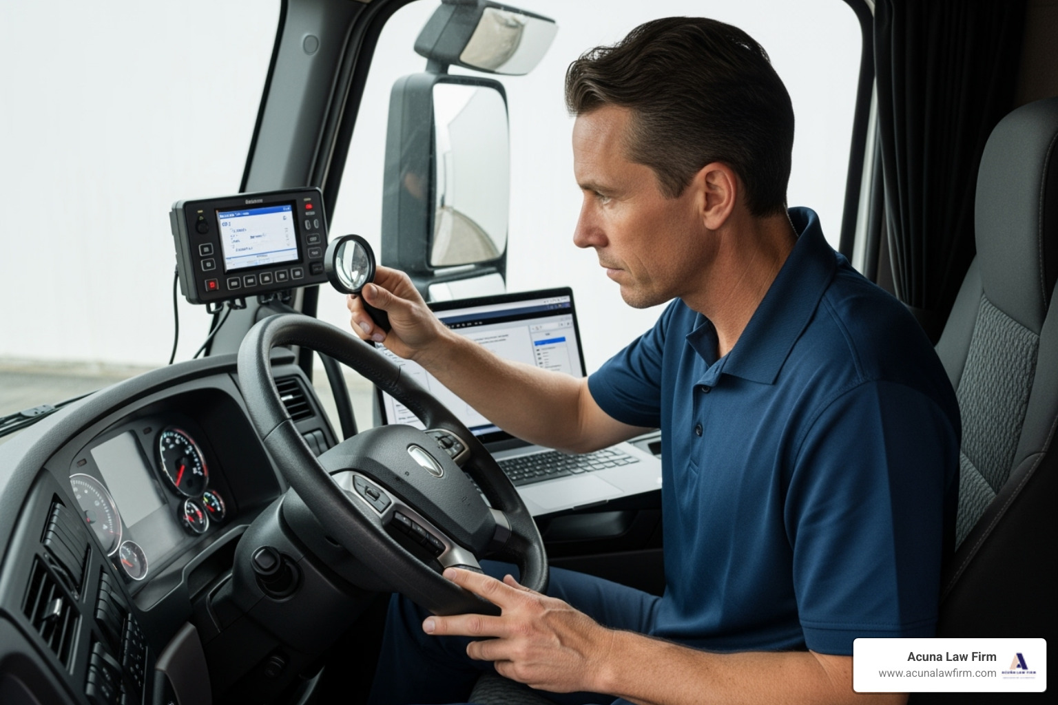 investigator examining a truck's "black box" or electronic logging device (ELD) - how to choose the best truck accident lawyer investigator examining a truck's "black box" or electronic logging device (ELD) - how to choose the best truck accident lawyer