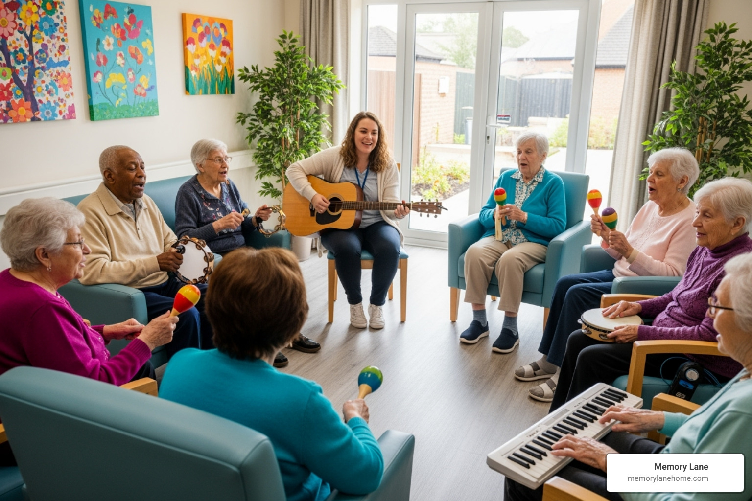 residents participating in group music therapy session - memory loss assisted living