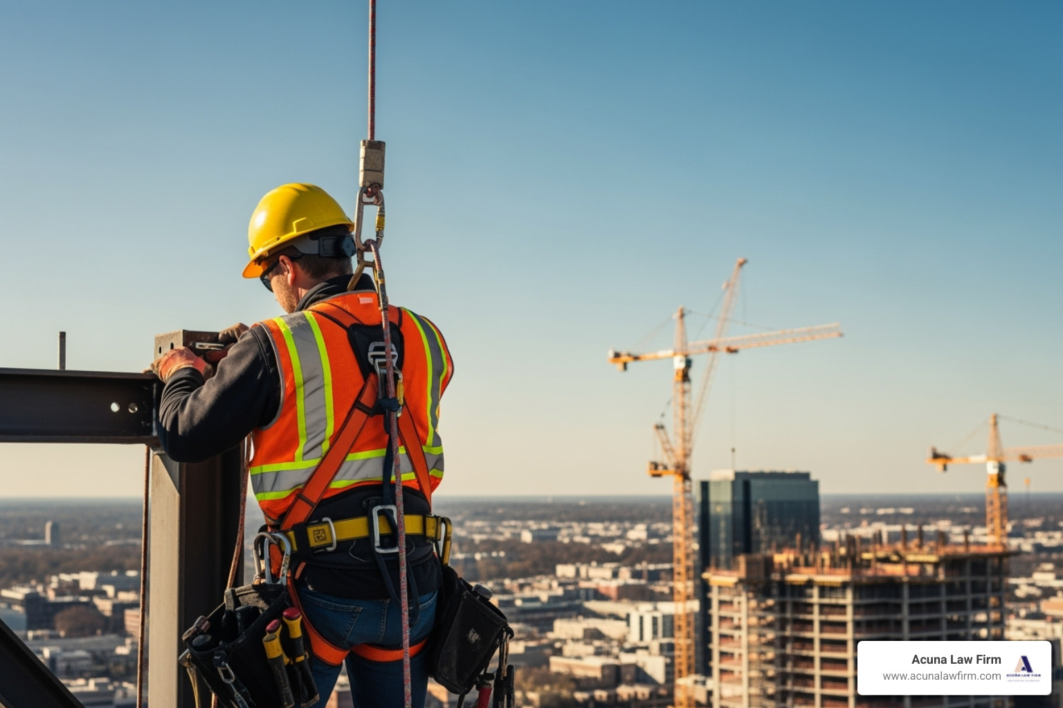 construction worker correctly using a harness and fall arrest system - construction injury
