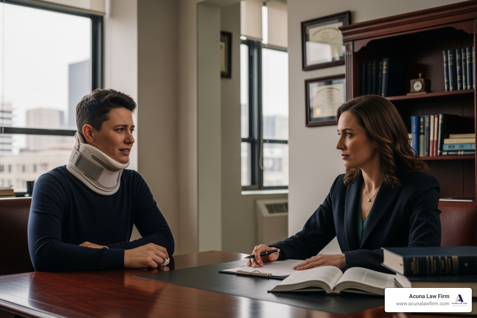 person in a neck brace talking to a lawyer - do i need a lawyer after a car accident