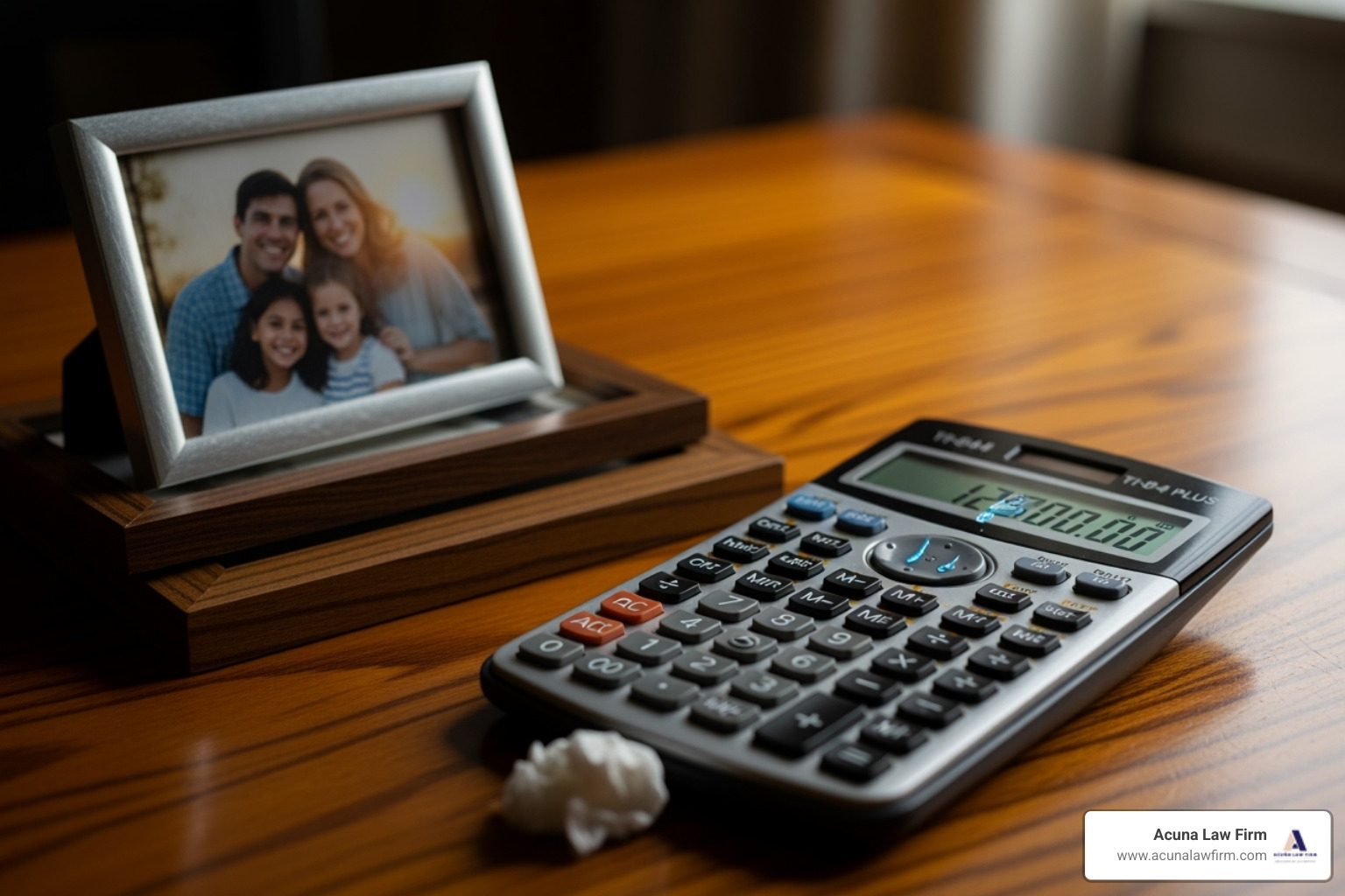 calculator and family photos to represent financial and emotional loss - attorney for wrongful death