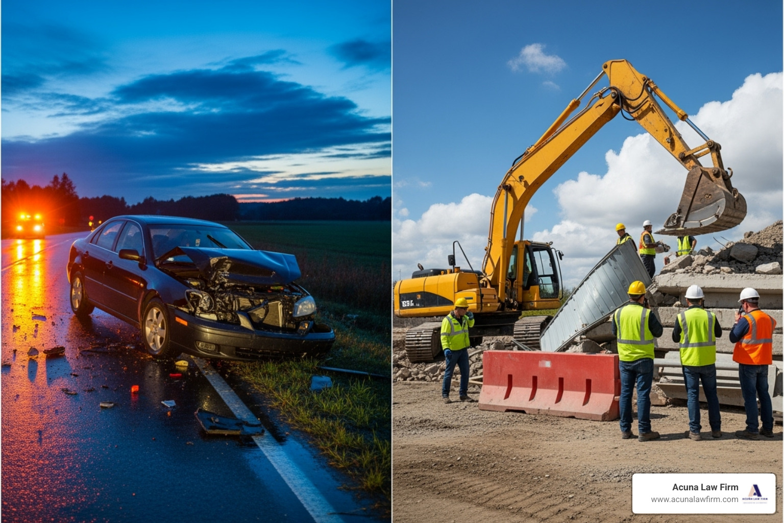 common accident scenes like a car crash and a construction site - attorney for wrongful death