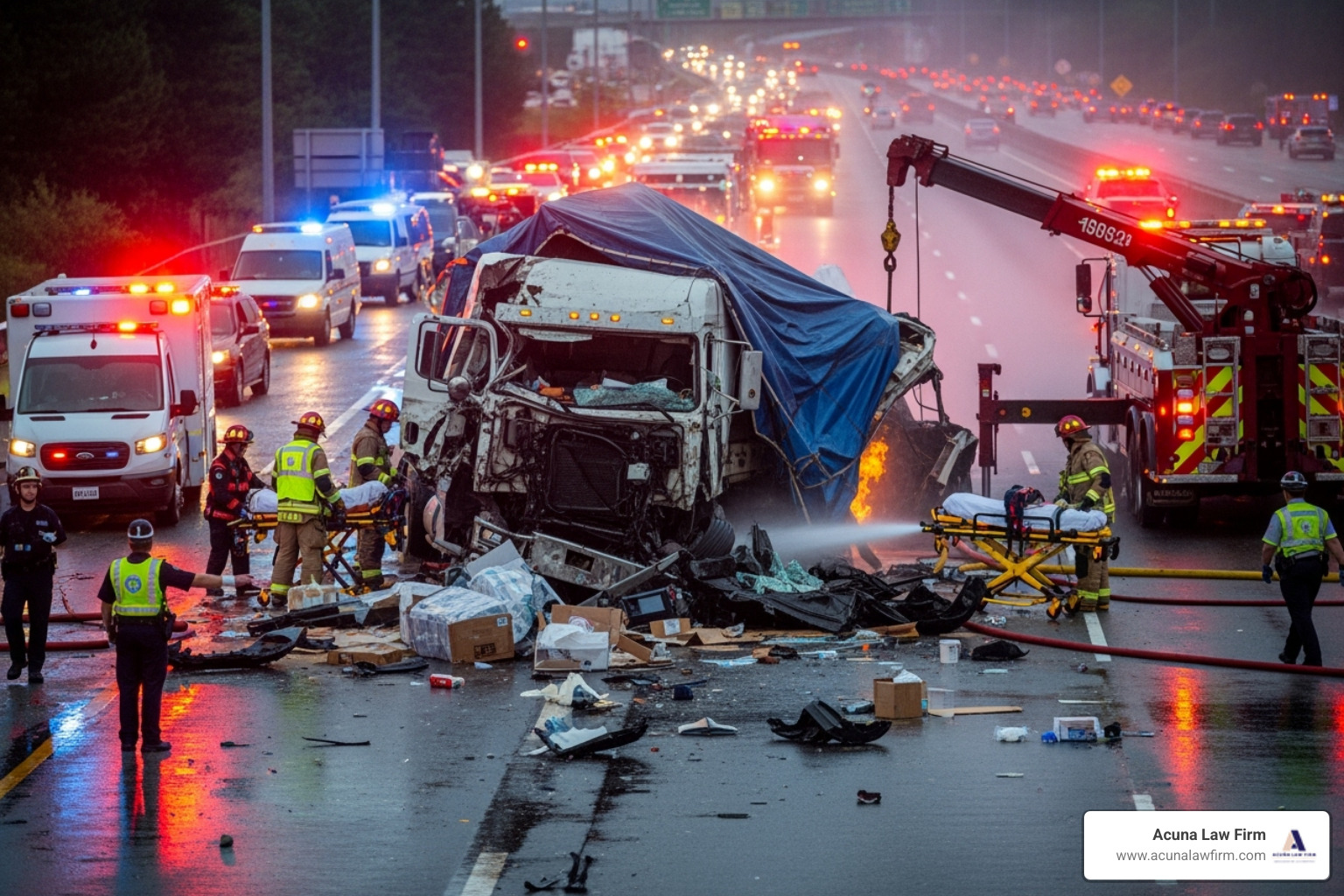 accident scene with emergency responders - big rig accident law firm