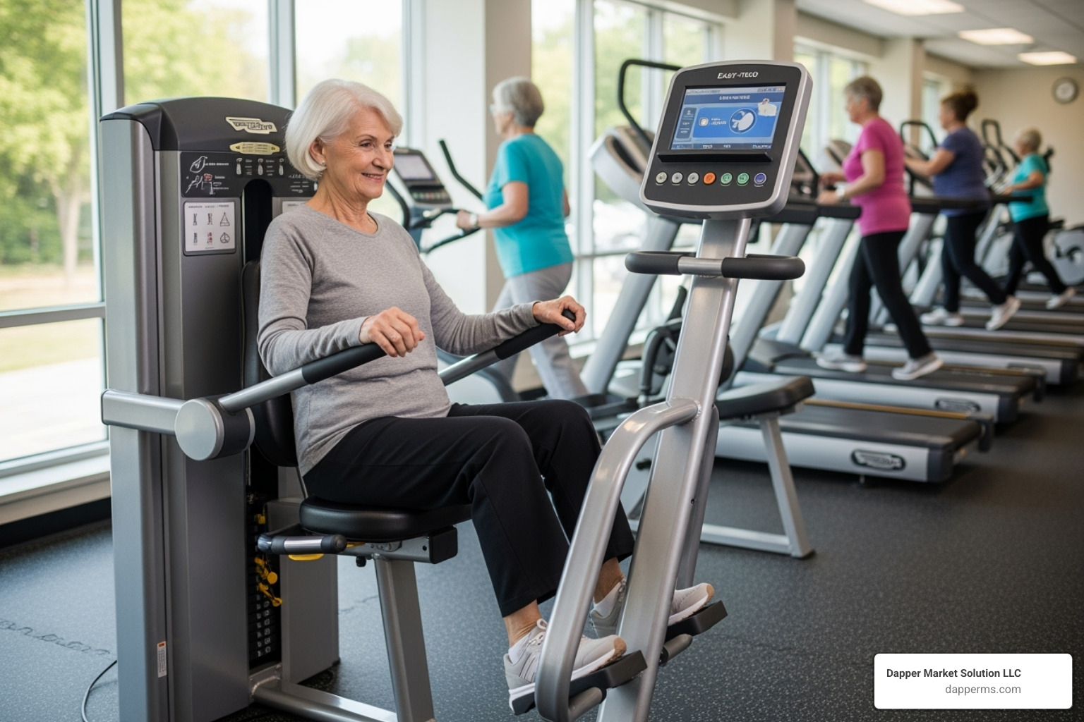 a senior using a modern, senior-friendly exercise machine - senior living wellness